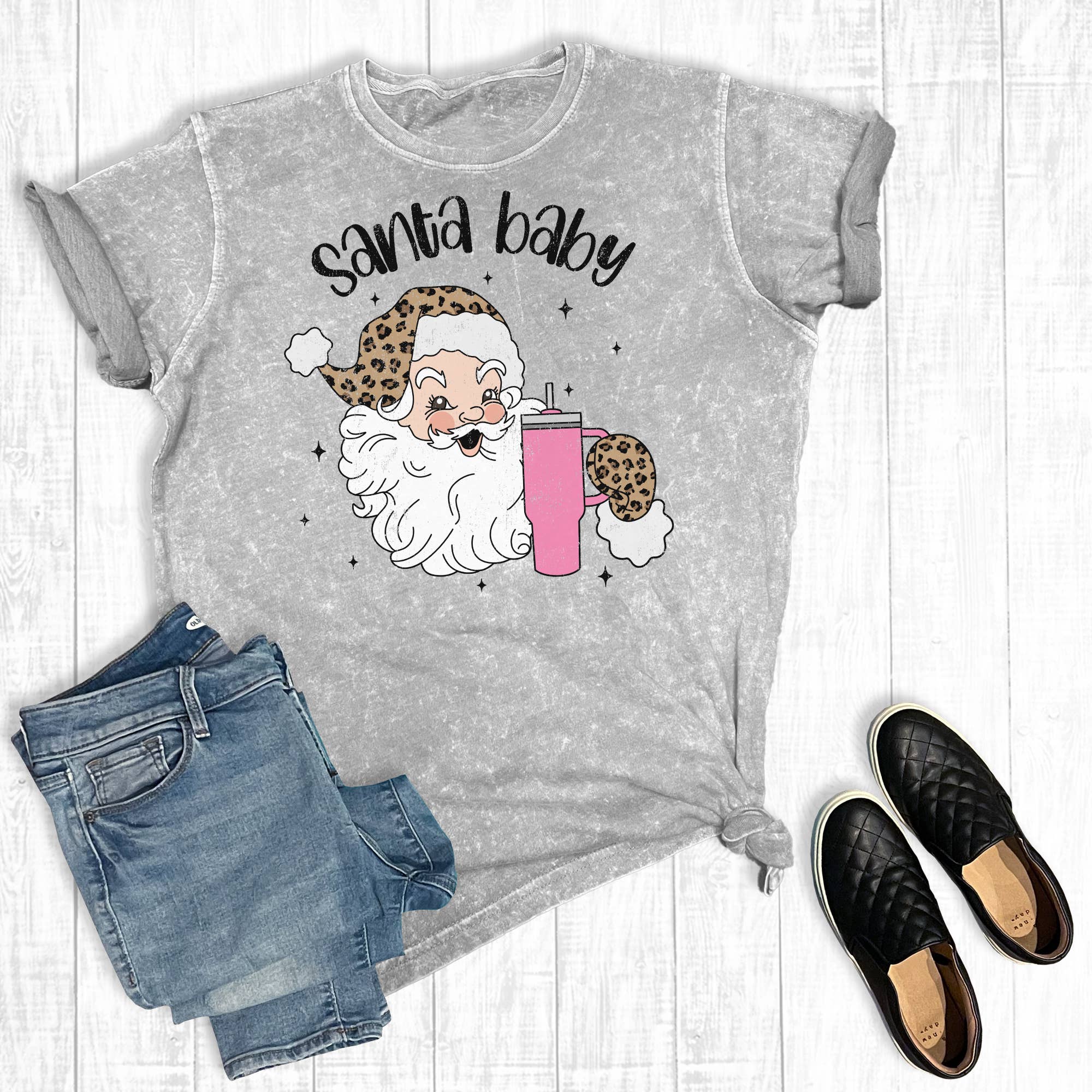Christmas Leopard Santa Baby Mineral Wash Graphic Tee Hoodie, Sweatshirt | PodTeesHub.com