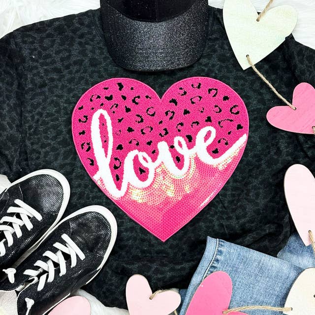 Leopard Love Sequin Heart Patch Black Leopard Shirt Hoodie, Sweatshirt | PodTeesHub.com