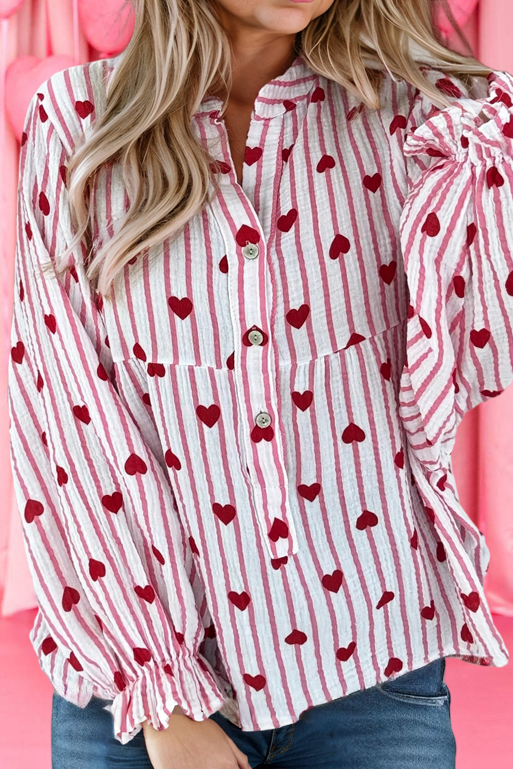 Stripe Cotton Gauze Heart Print Flounce Sleeve Shirt (S-Xl) Hoodie, Sweatshirt | PodTeesHub.com