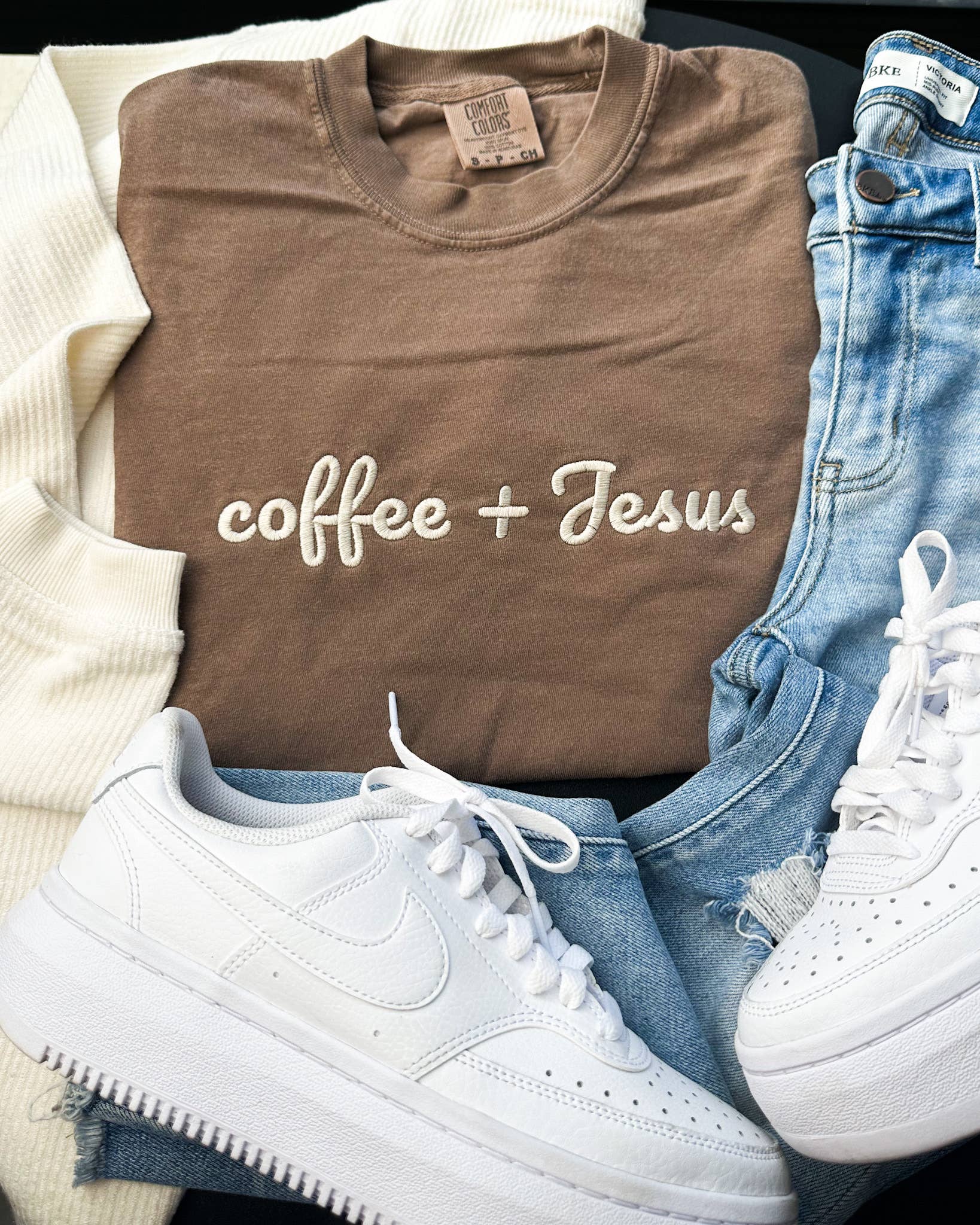Coffee + Jesus Embroidery Graphic Tee Hoodie, Sweatshirt | PodTeesHub.com