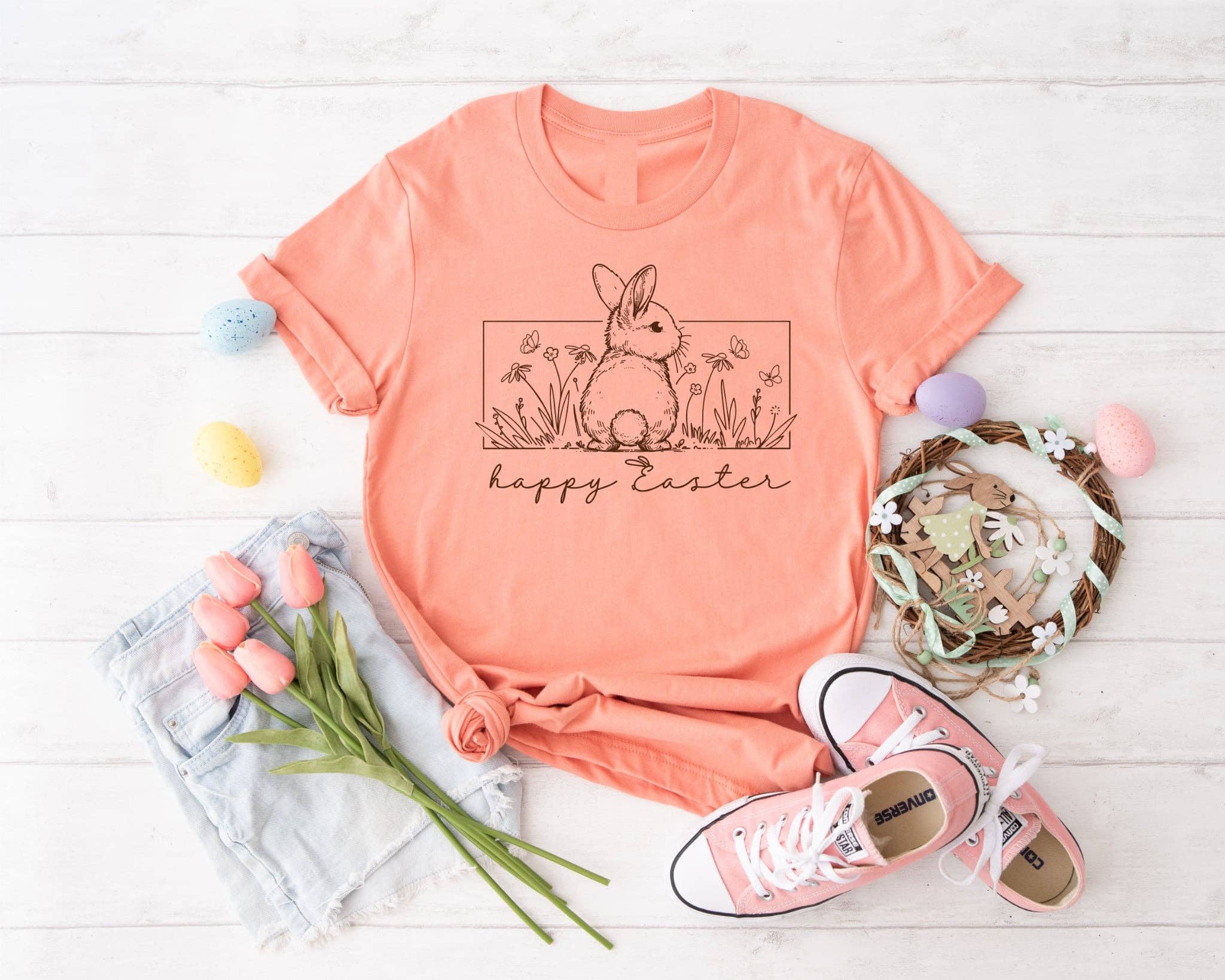 New Happy Easter Coral Bunny Bella Spring 2026 Graphic Tee Hoodie, Sweatshirt | PodTeesHub.com