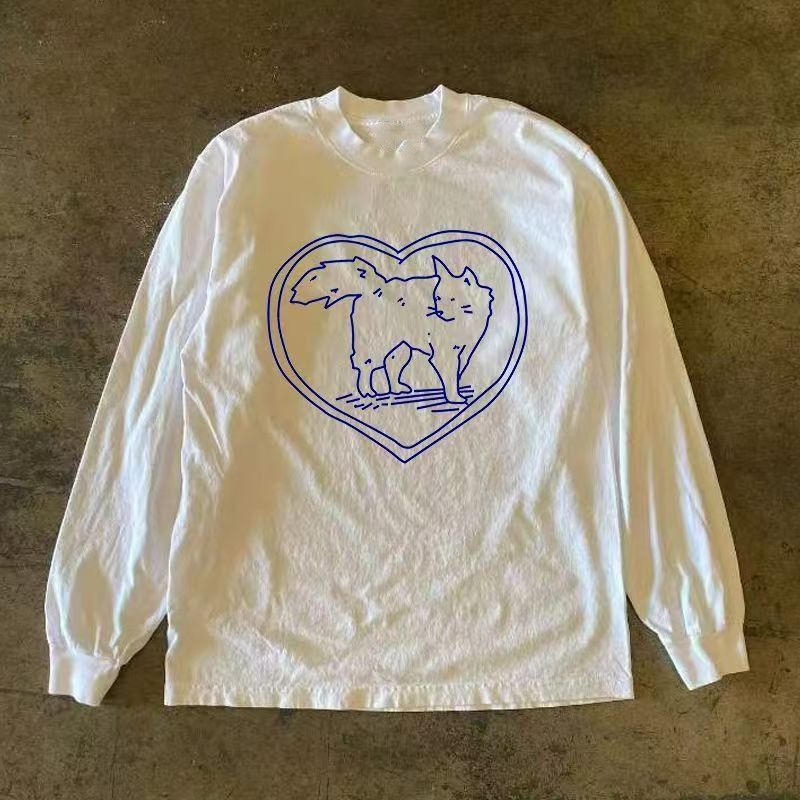 Japanese Brand White Casual Retro Cute Cat Print Long Sleeved T Shirt Hoodie, Sweatshirt | PodTeesHub.com