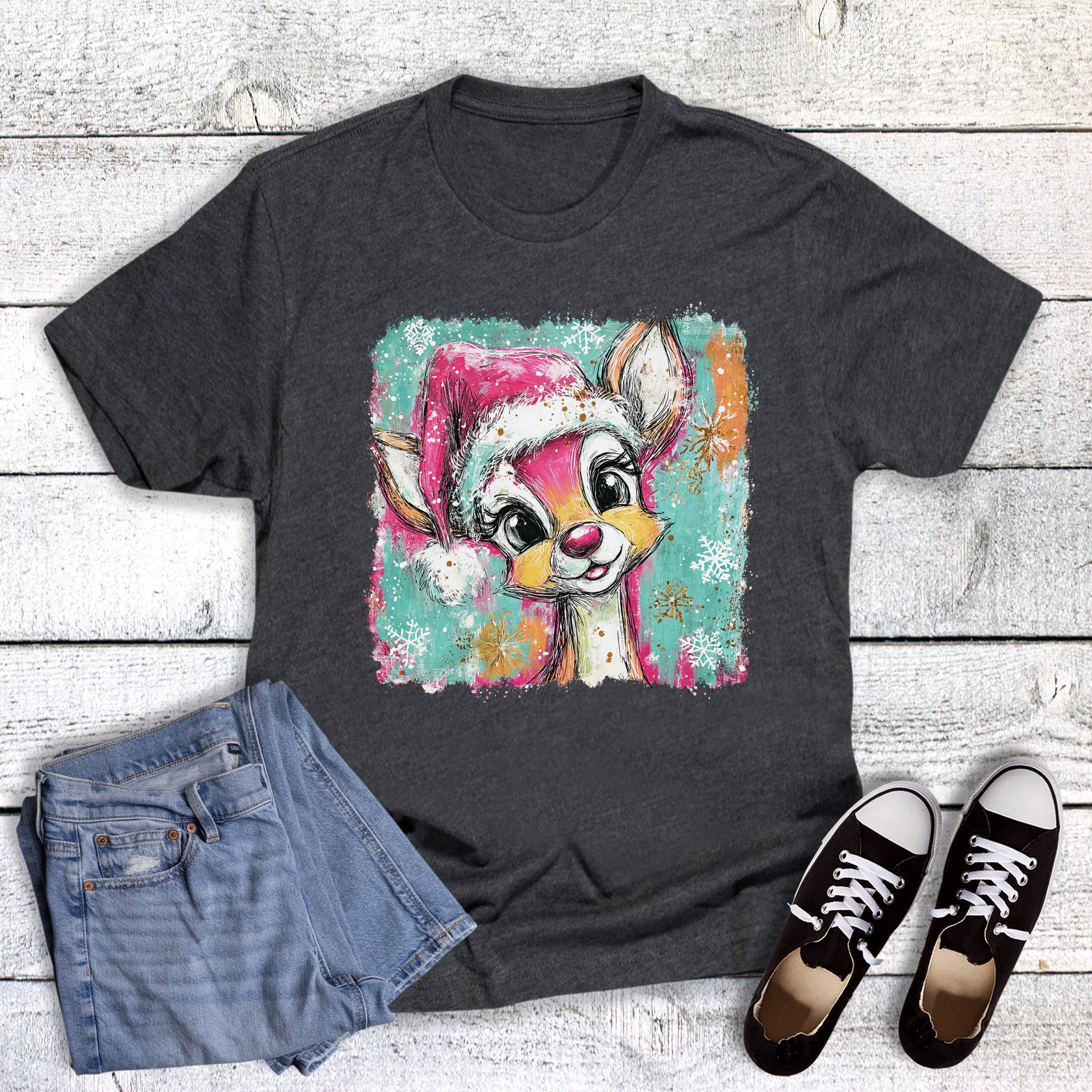 Christmas Santa Reindeer Watercolor Graphic Tee Hoodie, Sweatshirt | PodTeesHub.com