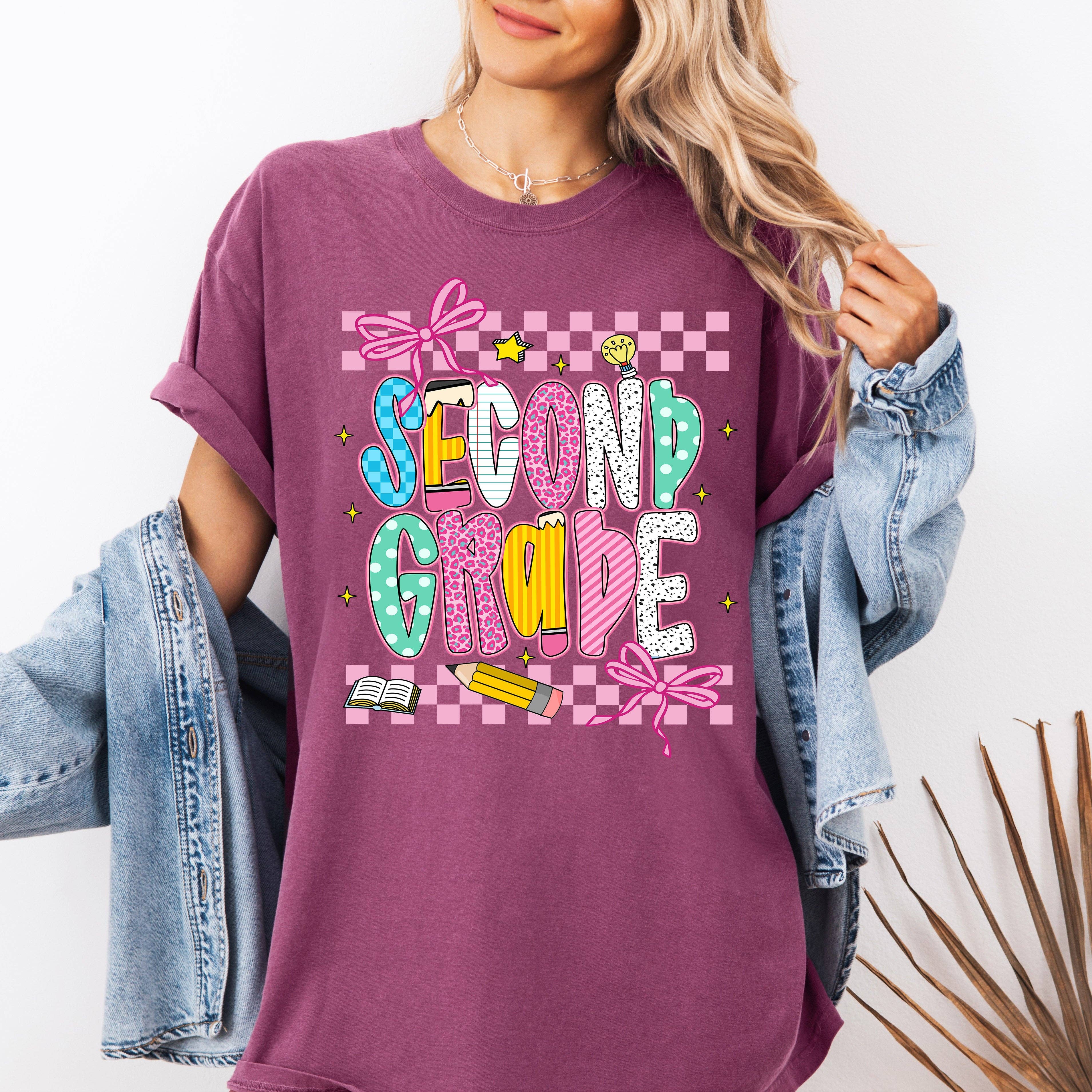 Second Grade, Teacher, Back To School, Checkered Bow T-Shirt Hoodie, Sweatshirt | PodTeesHub.com