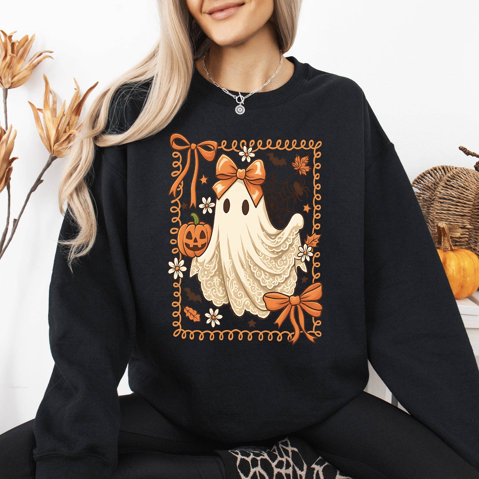 Cute Ghost, Bow, Coquette, Lace Pumpkin Halloween Sweatshirt T-Shirts, Hoodie | PodTeesHub.com