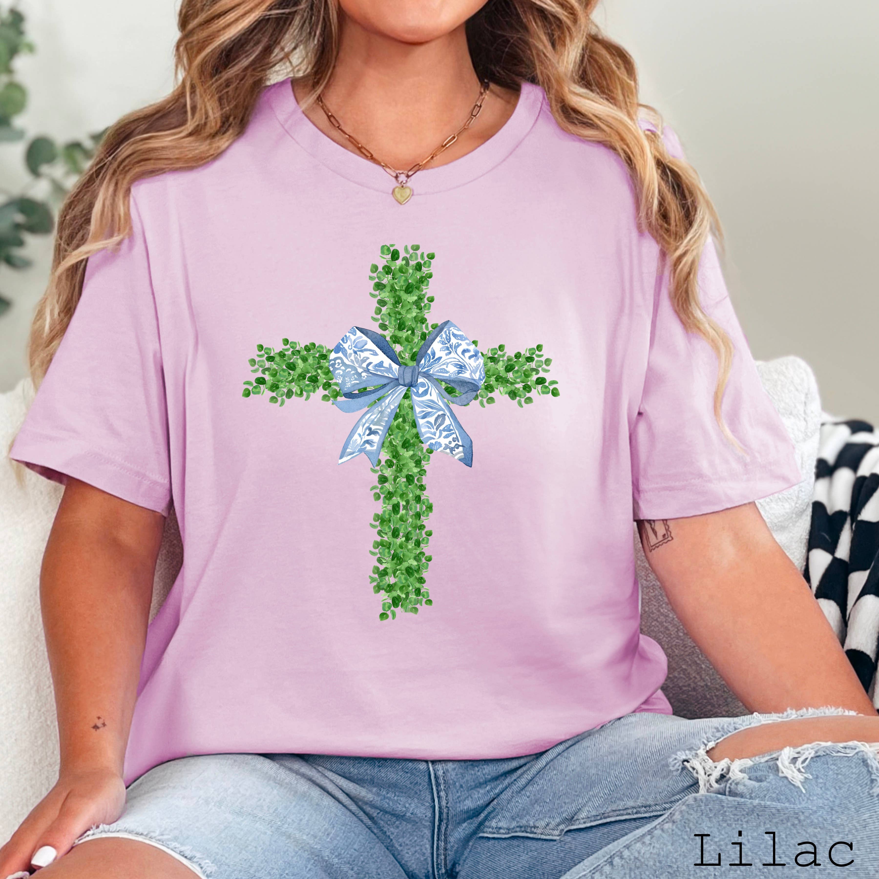 Easter Graphic Tee | Coquette Boxwood Cross | Bella Canvas Hoodie, Sweatshirt | PodTeesHub.com