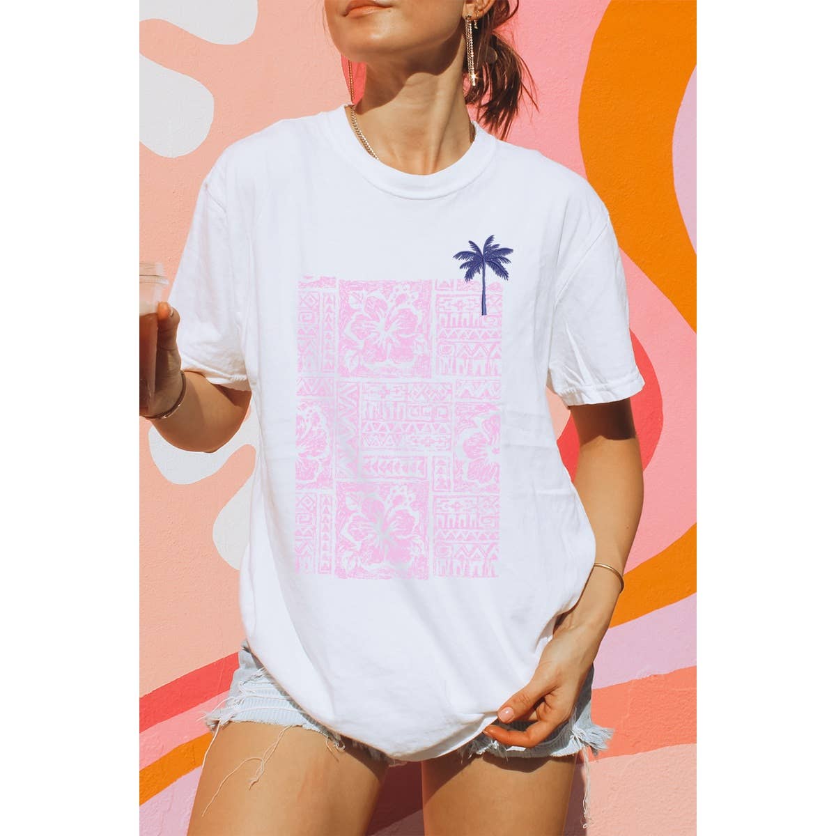 Palmtree Embroidery Vintage Graphic Oversized Tee Hoodie, Sweatshirt | PodTeesHub.com