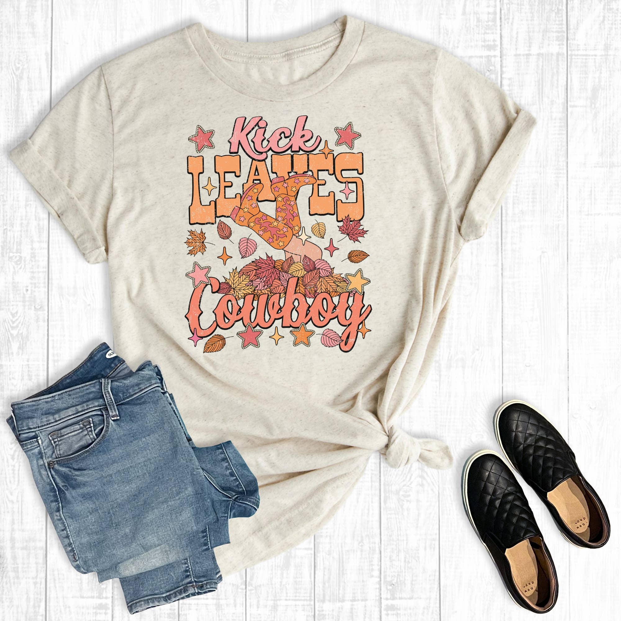 Western Fall Kick Leaves Cowboy Graphic Tee Hoodie, Sweatshirt | PodTeesHub.com