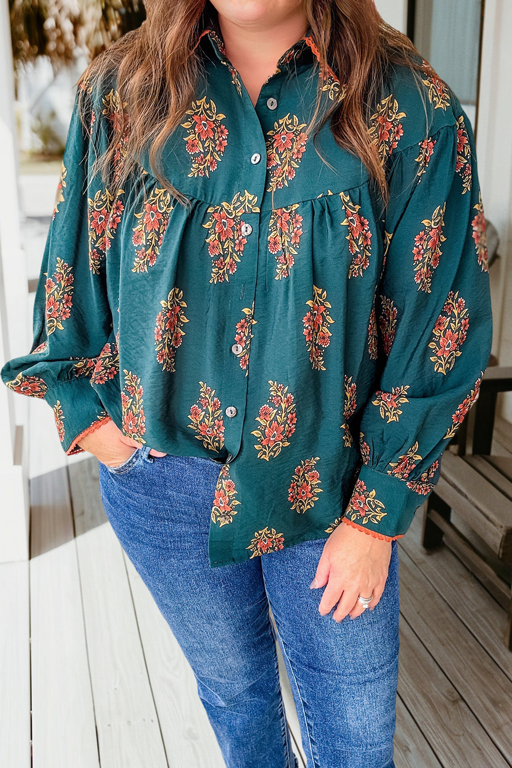 Plus Size Floral Print Contrast Lacy Trim Pleated Shirt Hoodie, Sweatshirt | PodTeesHub.com
