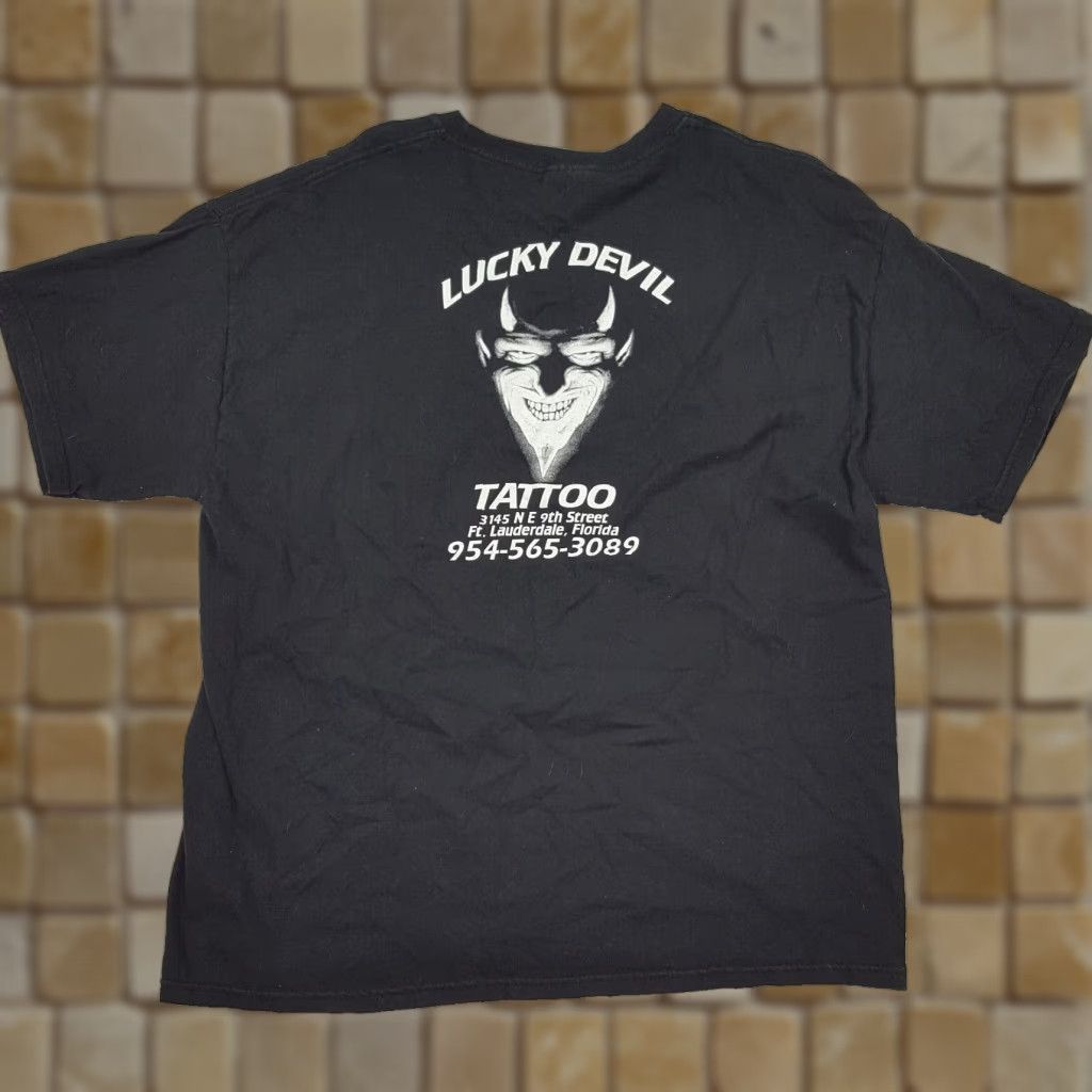 Vintage Hanes Lucky Devil Tattoo Graphic T Shirt Black Y2k Men S Xl Retro Grunge 90s Hoodie, Sweatshirt | PodTeesHub.com