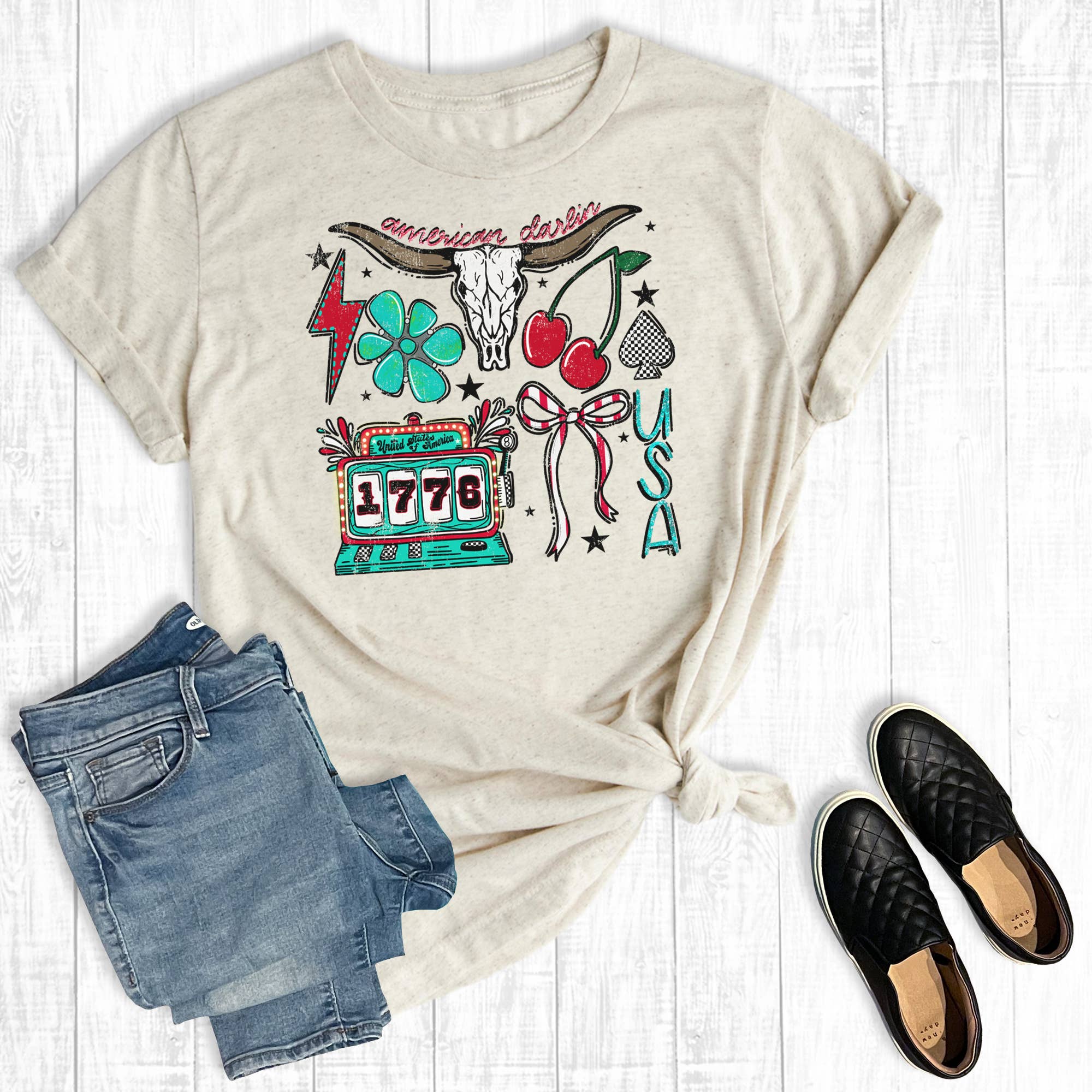 Western 4th of July Cow Skull Collage Graphic Tee Hoodie, Sweatshirt | PodTeesHub.com
