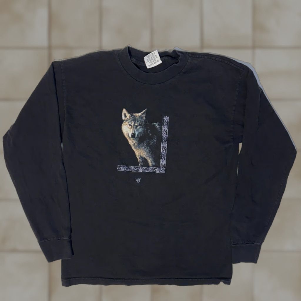 Vintage Harlequin Tribal Wolf Tee Shirt Long Sleeve Black Crew Neck Xs Hoodie, Sweatshirt | PodTeesHub.com