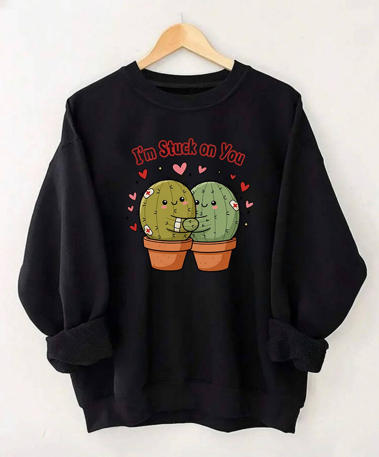 I’M Stuck On You Sweatshirt, Valentine’S Day Plant Lover Gift, Cute Cactus Couple Crewneck, Funny Love Plant Sweater...