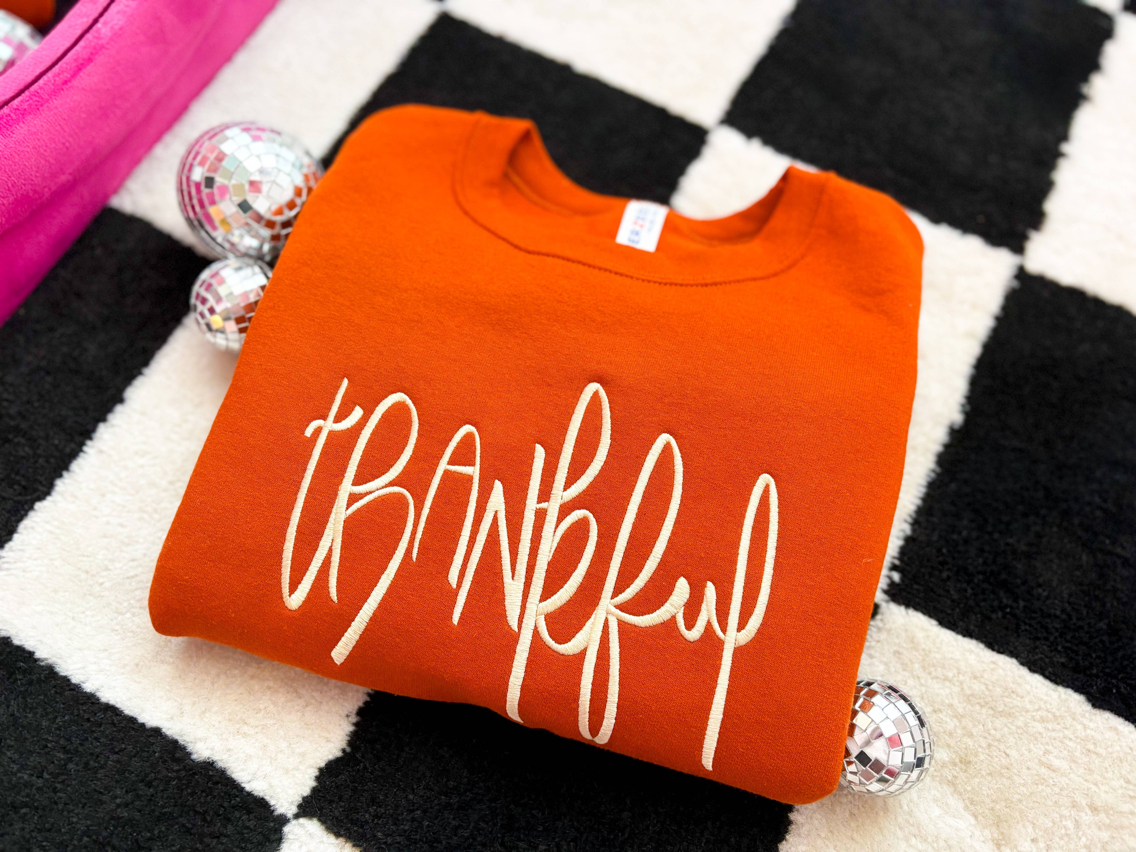 Thankful Script Embroidered Sweatshirt – Cozy Fall Crewneck T-Shirts, Hoodie | PodTeesHub.com