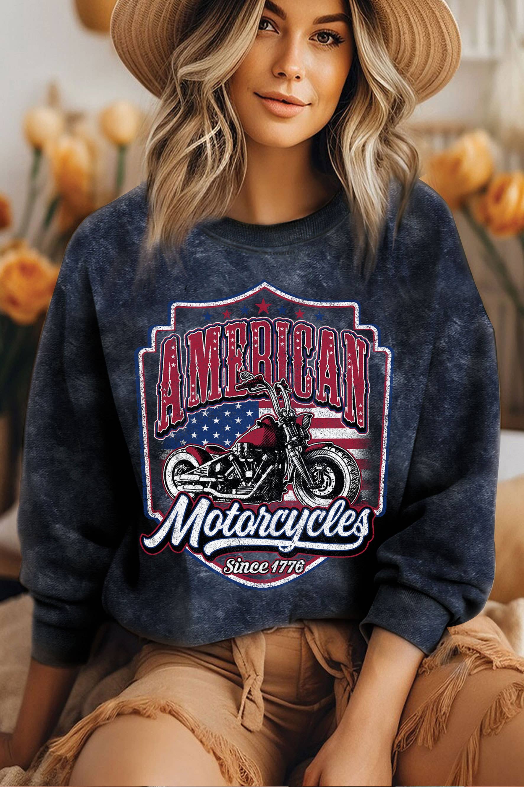 Motorcycle America Flag Graphic Mineral Brushed Sweatshirt T-Shirts, Hoodie | PodTeesHub.com