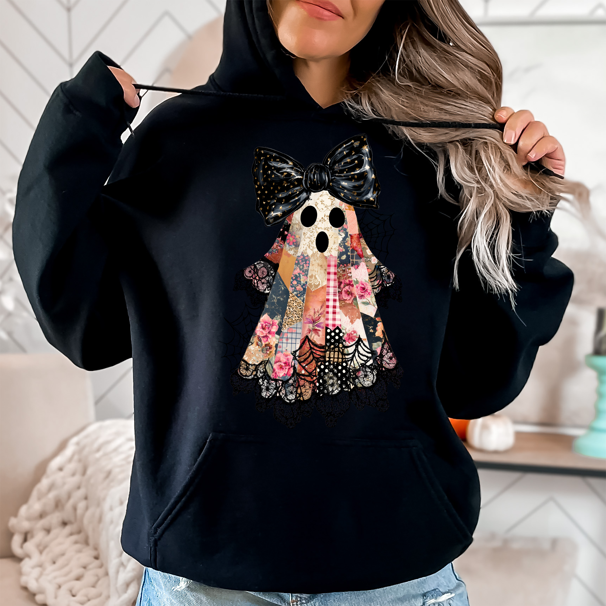 Faux Patchwork Lace Ghost Shirt, Coquette, Graphic Hoodie Sweatshirt | PodTeesHub.com