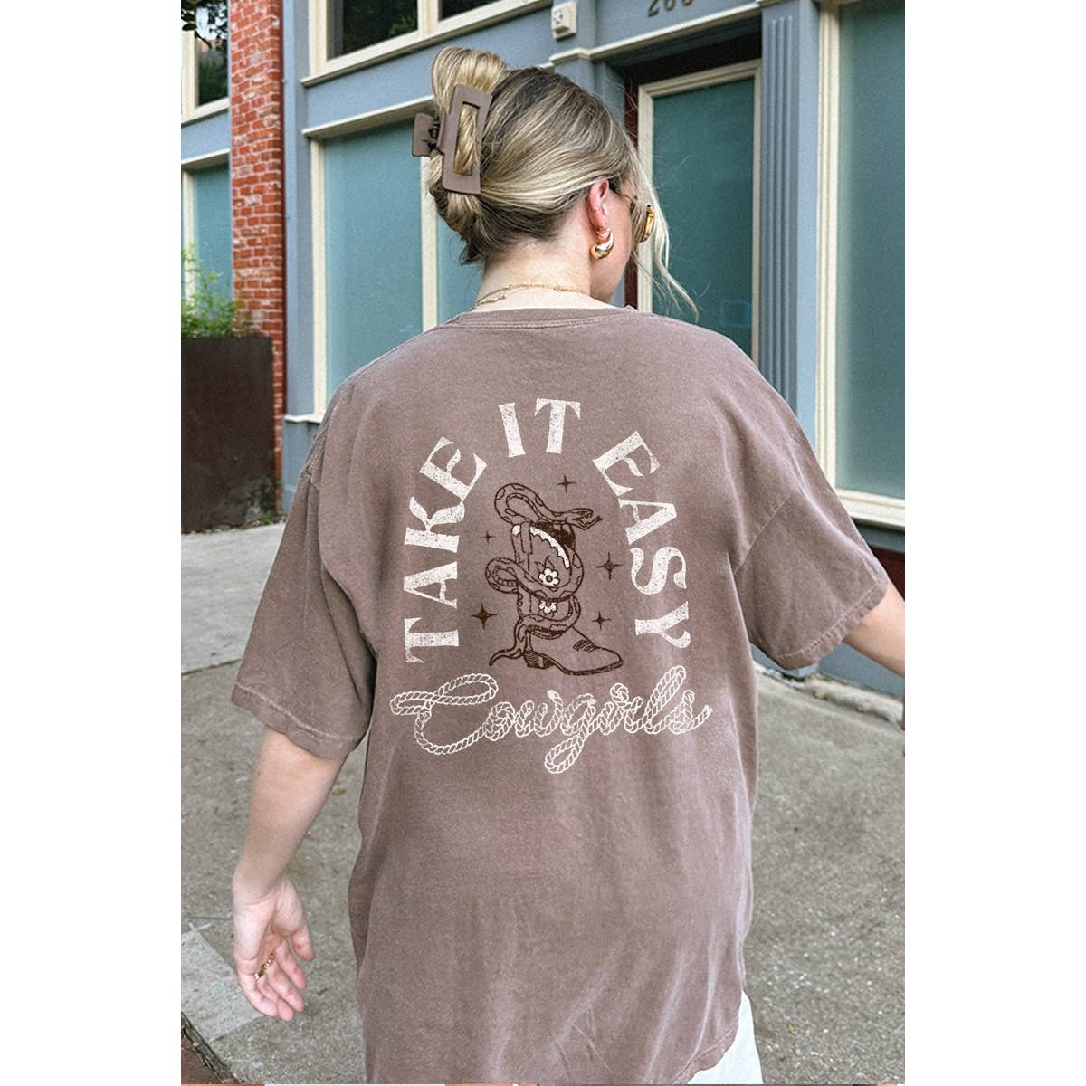 Take It Easy Western  Graphic  Oversized Tee Hoodie, Sweatshirt | PodTeesHub.com