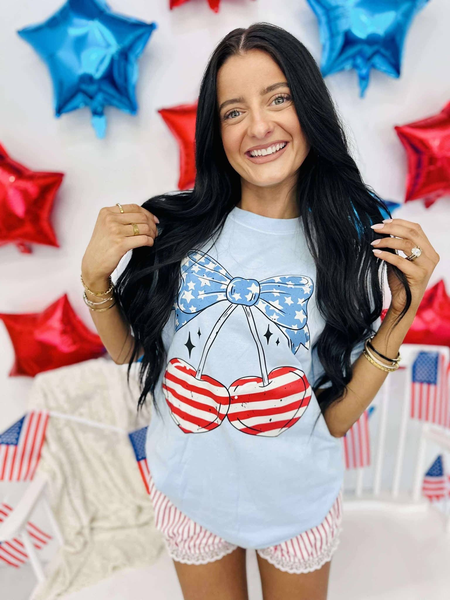 July Patriotic Flag Cherry's Dtf Graphic Tee Hoodie, Sweatshirt | PodTeesHub.com