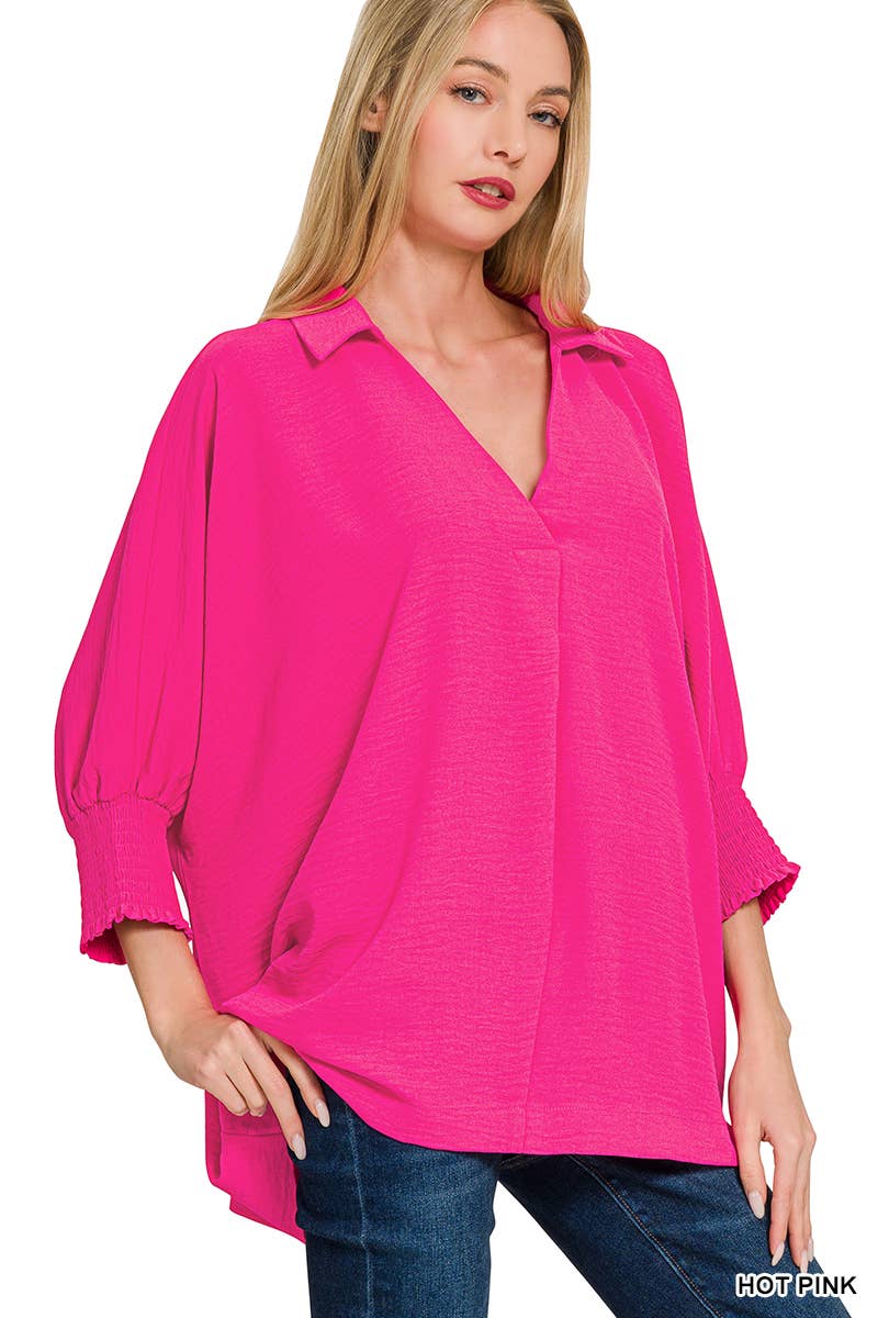 ..SI-27825 Air Flow Collar Tee with Smocked Sleeve Band Top Hoodie, Sweatshirt | PodTeesHub.com