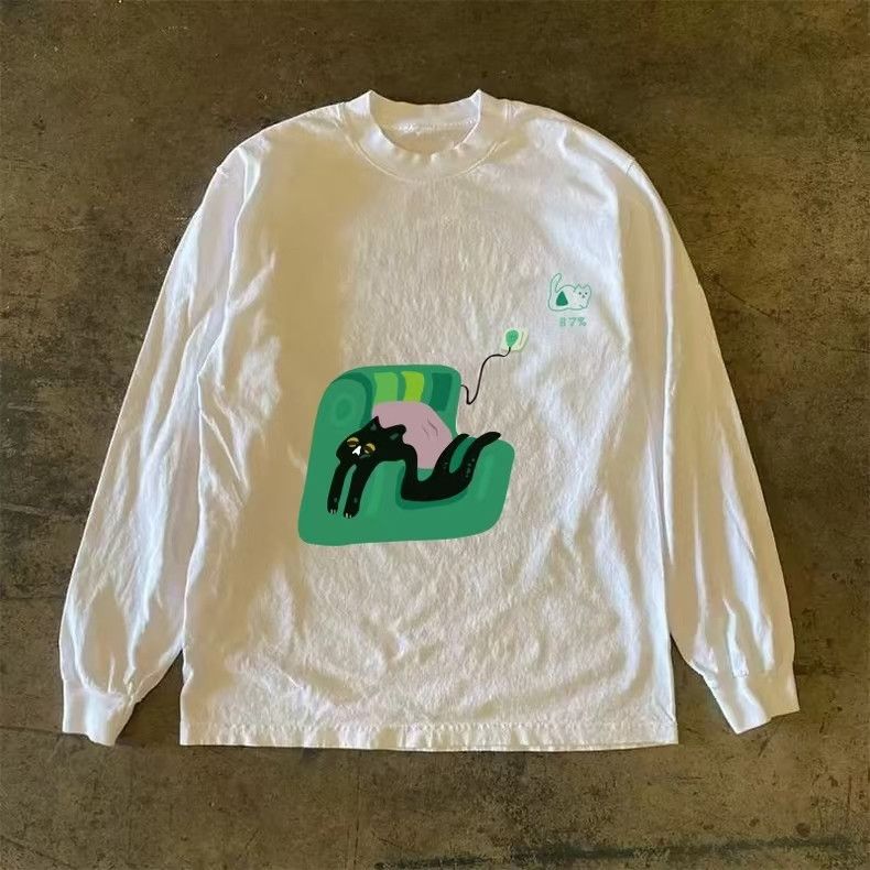 Vintage White Washed Retro Fun Cat Print Long Sleeved T Shirt Hoodie, Sweatshirt | PodTeesHub.com