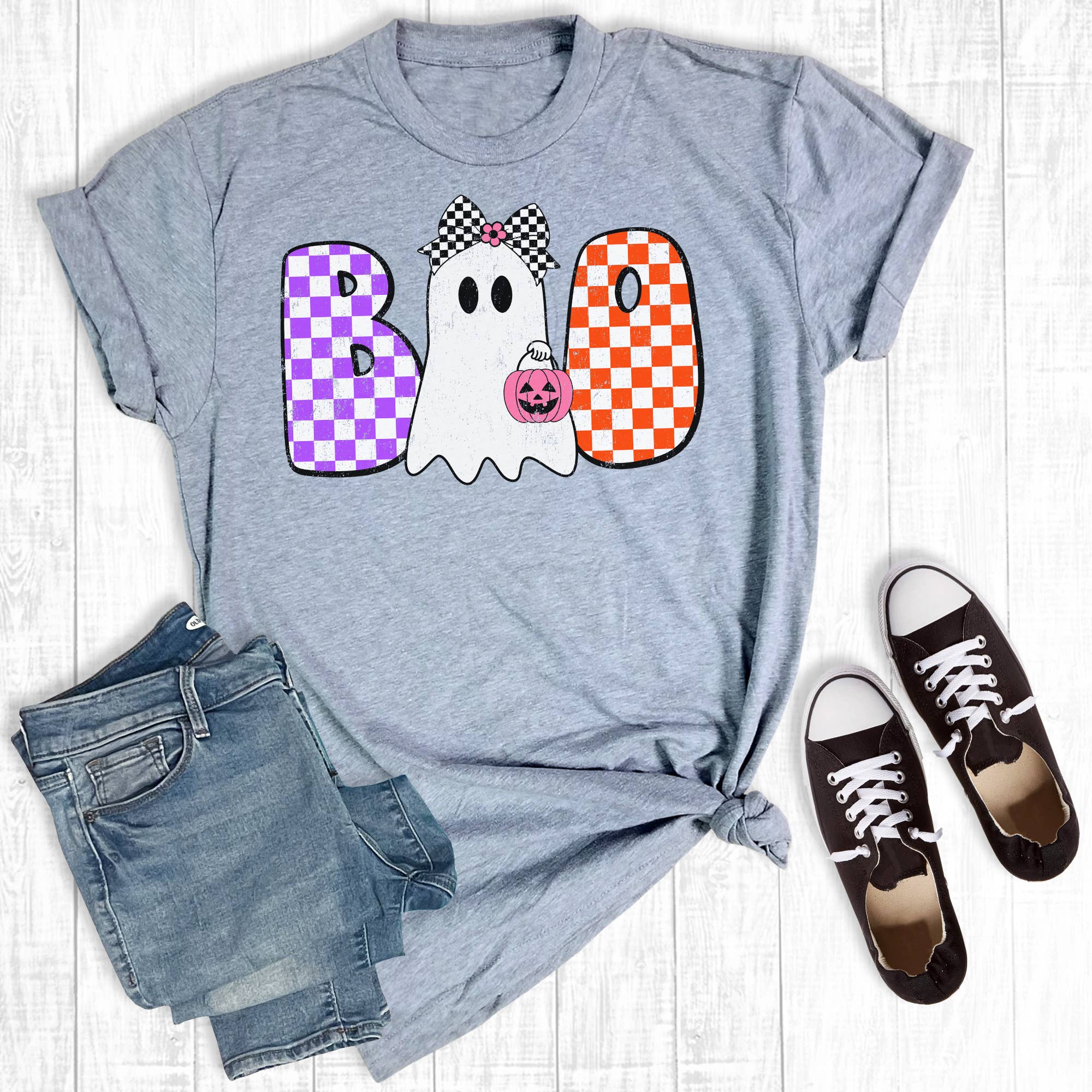 Retro Halloween Checkered Boo Ghost with Ghostgraphic Tee Hoodie, Sweatshirt | PodTeesHub.com