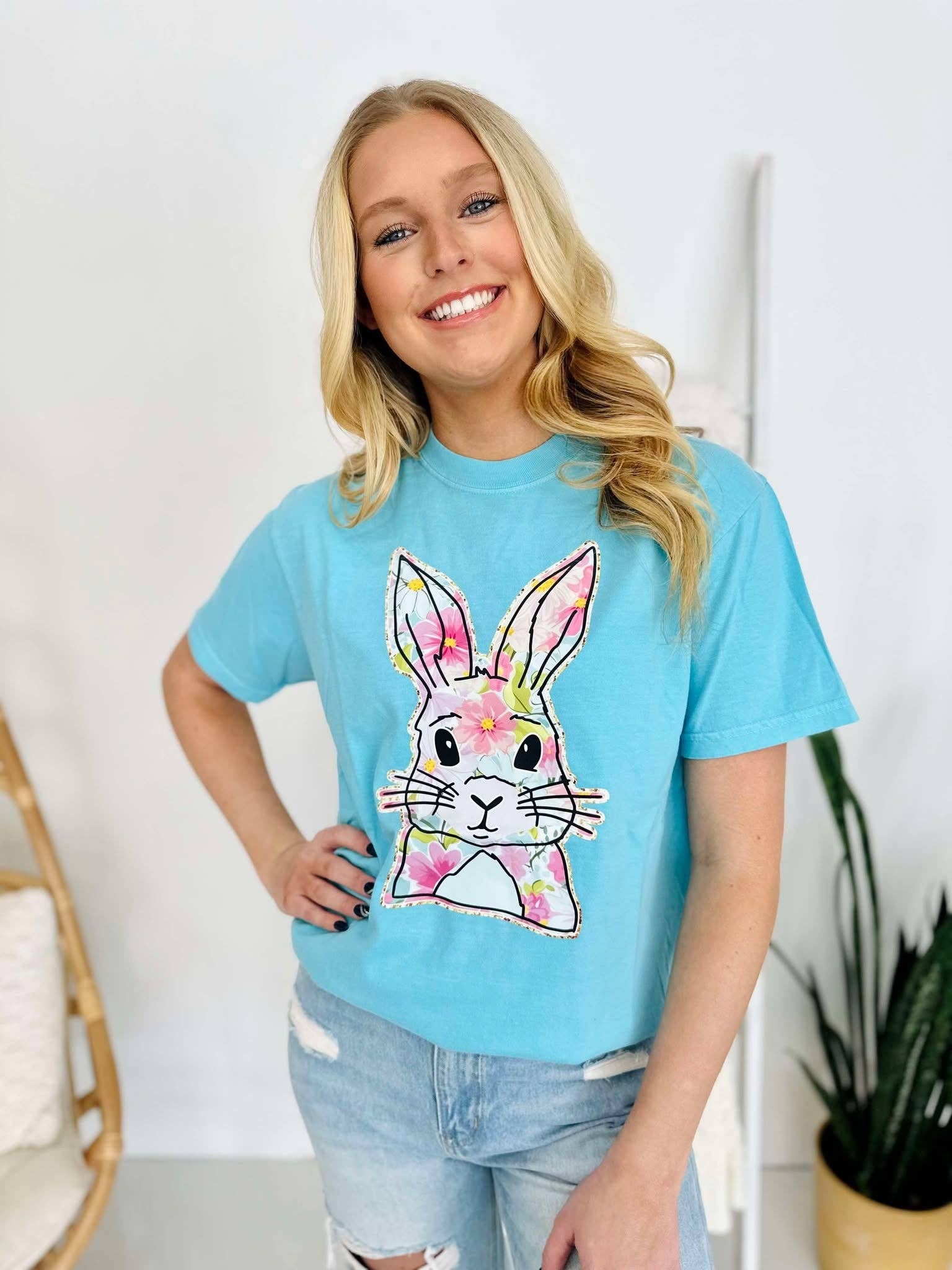 Floral Faux Glitter Outlined Bunny Dtf Tee Hoodie, Sweatshirt | PodTeesHub.com
