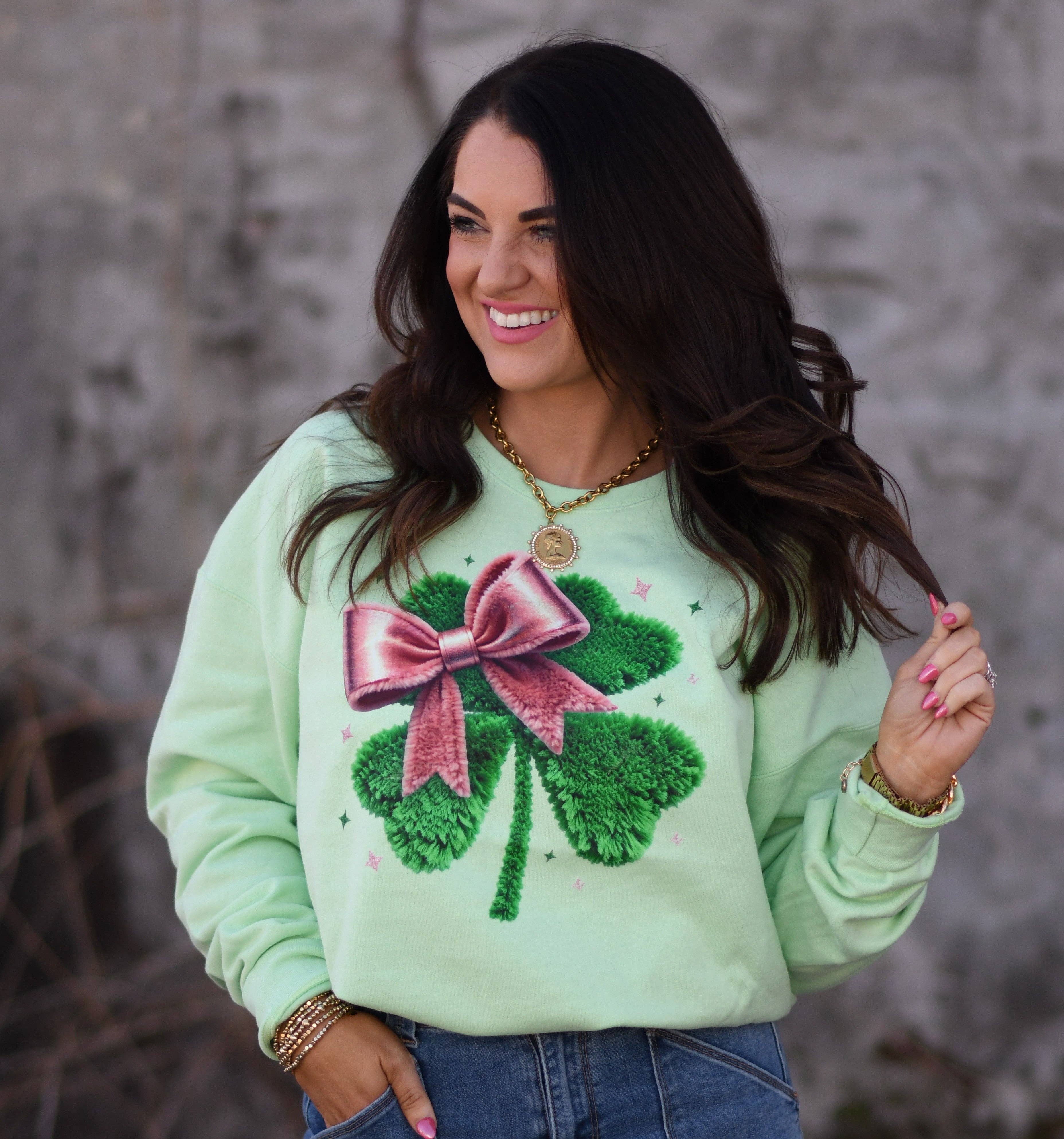 Faux Yarn Shamrock Bow Sweatshirt/Tee Hoodie | PodTeesHub.com