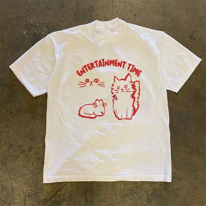 Japanese Brand White Washed Vintage Cat Print T Shirt Hoodie, Sweatshirt | PodTeesHub.com