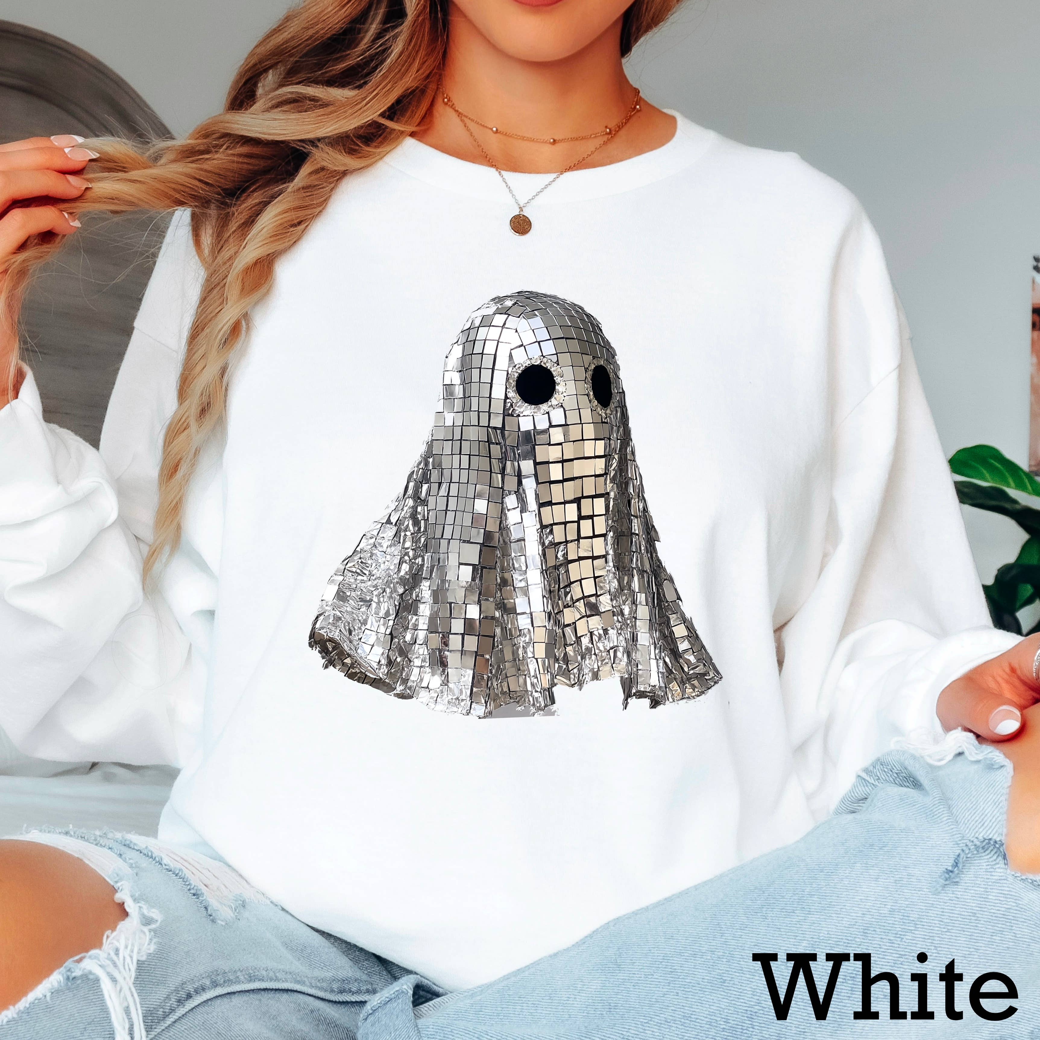 Disco Ghost Halloween 2025 Long Sleeve Shirt | Gildan Hoodie, Sweatshirt | PodTeesHub.com