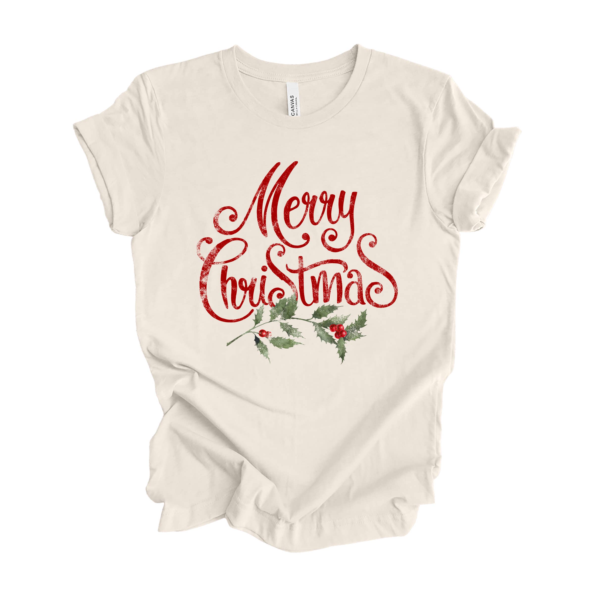 Merry Christmas Red Holly Heather Natural Tee Hoodie, Sweatshirt | PodTeesHub.com