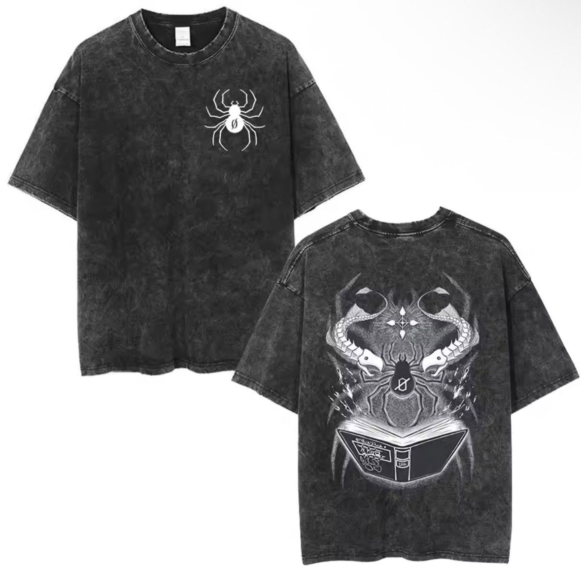 Japanese Brand Vintage Goth Anime Spider Spell Print Acid Washed T Shirt Hoodie, Sweatshirt | PodTeesHub.com