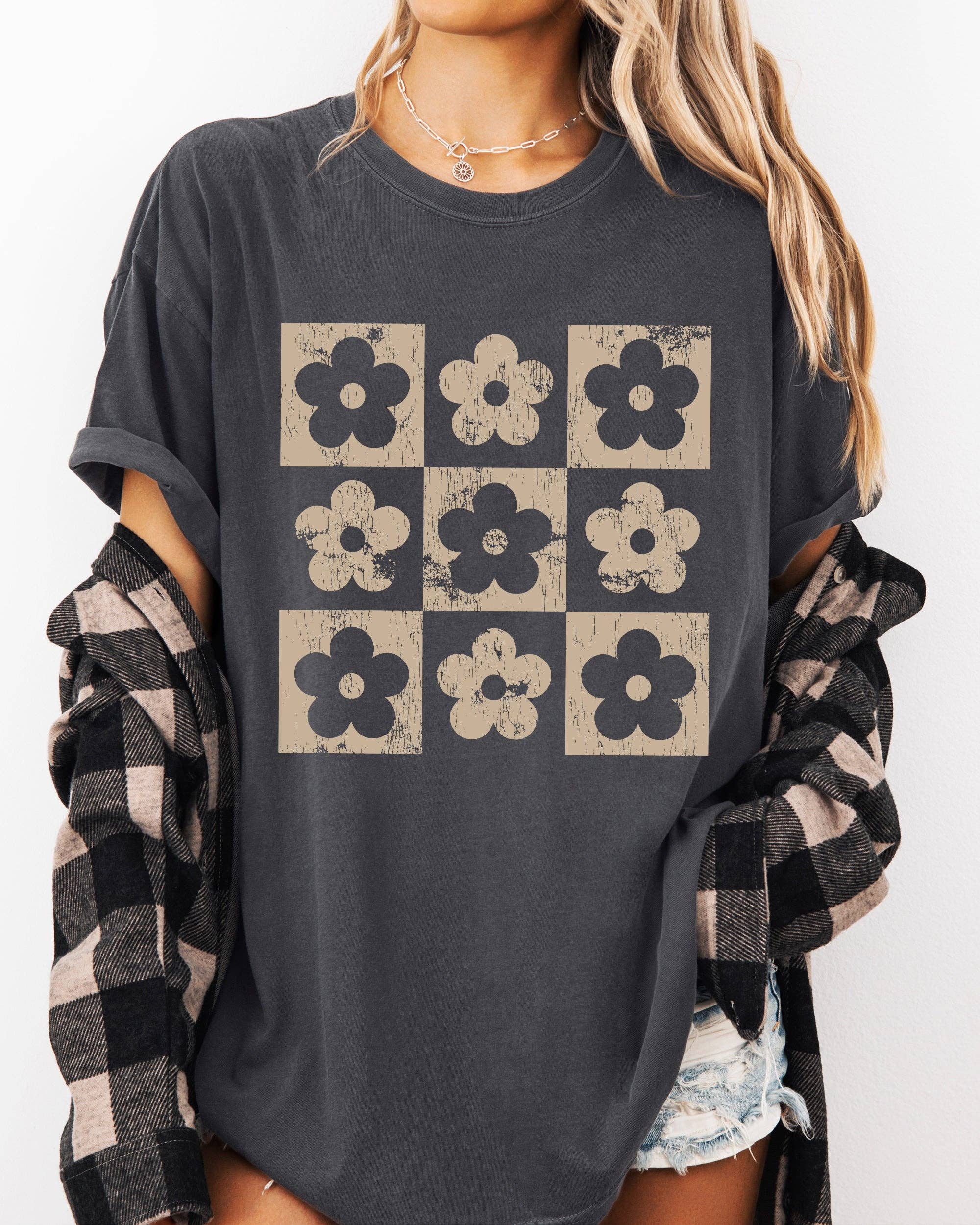 Retro Checkered Flowers, Minimalist, Vintage Shirt Hoodie, Sweatshirt | PodTeesHub.com