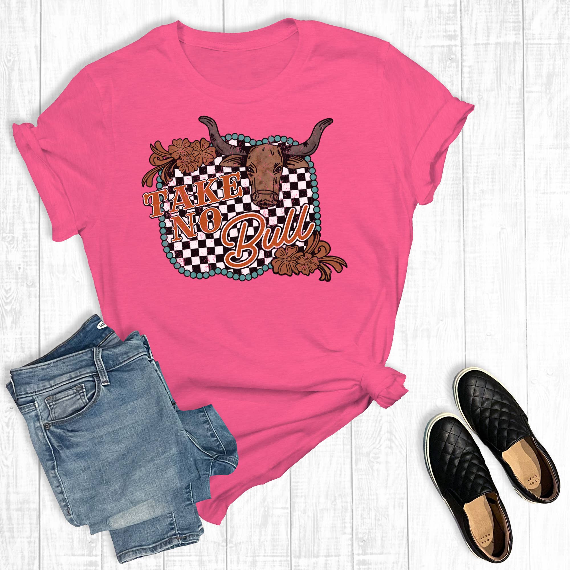 Western Checkered Take No Bull Graphic Tee Hoodie, Sweatshirt | PodTeesHub.com
