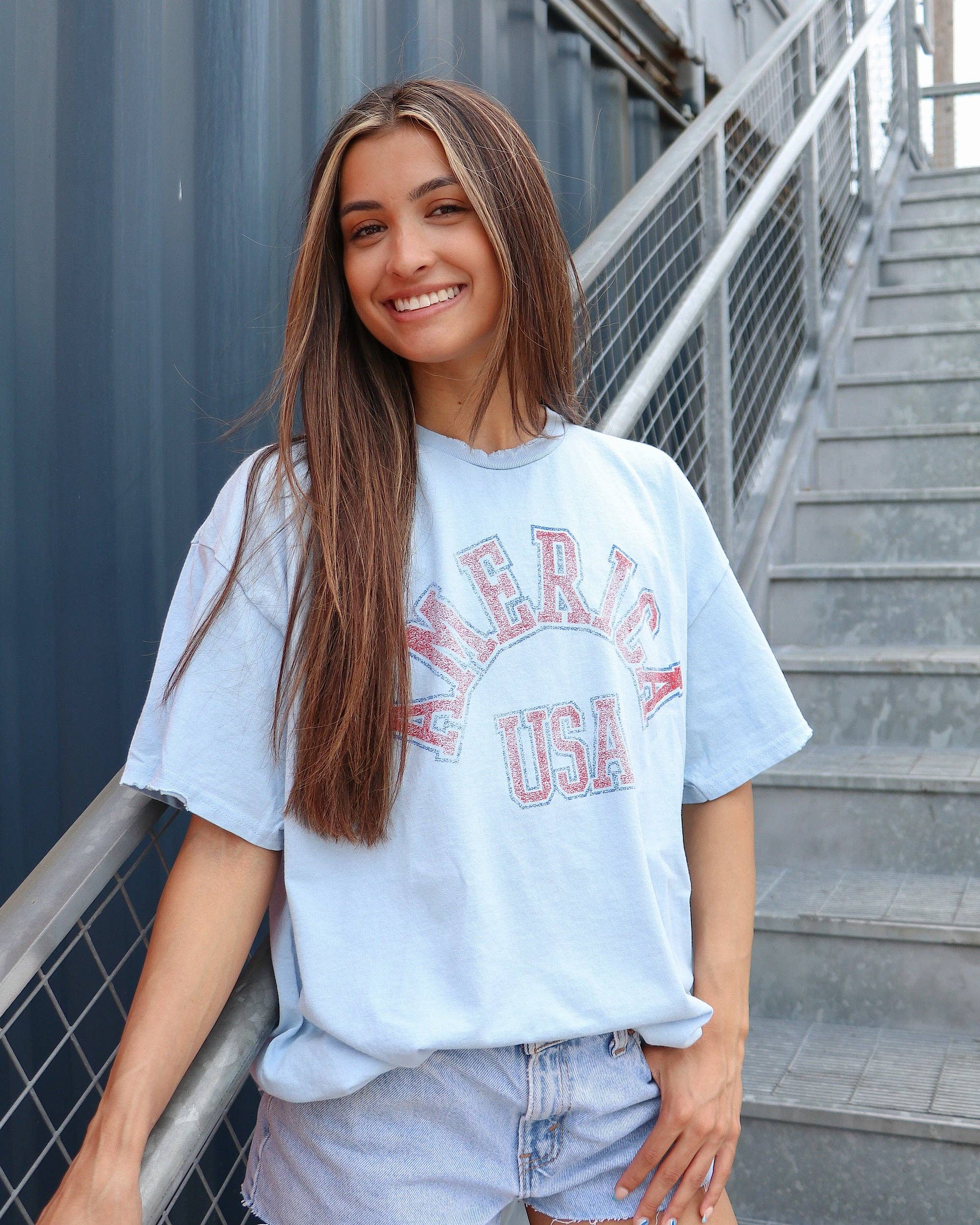 4th of July America Mega Arch Lt. Blue Thrifted Graphic Tee Hoodie, Sweatshirt | PodTeesHub.com