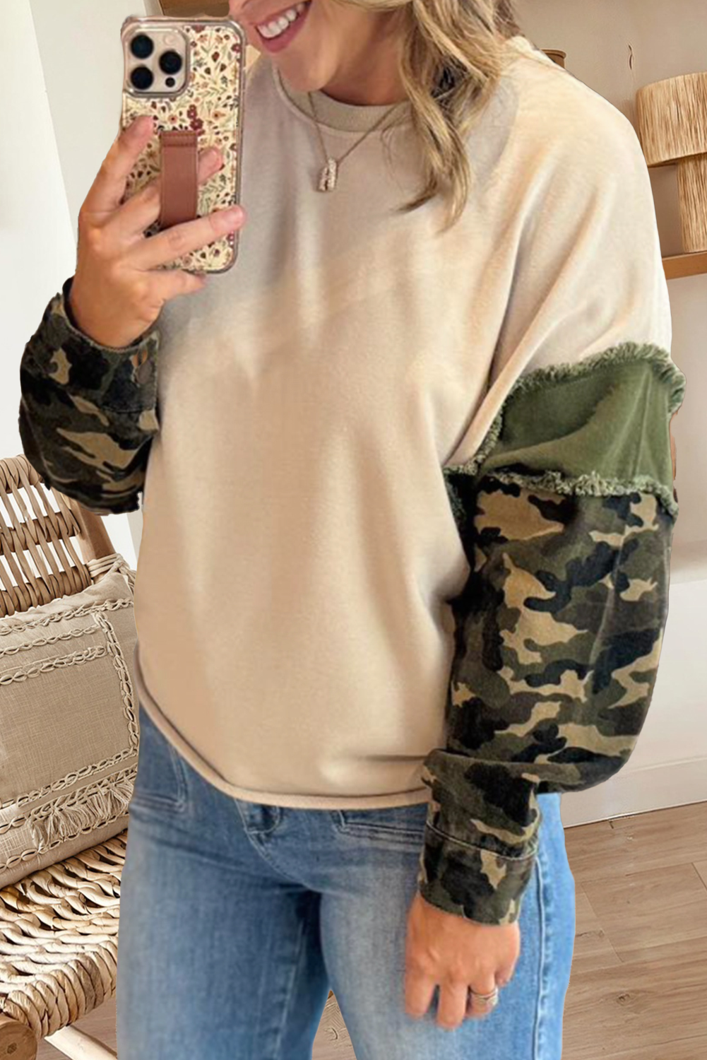 Camo Print Patchwork Sleeve Raw Hem Plus Size Sweatshirt T-Shirts, Hoodie | PodTeesHub.com