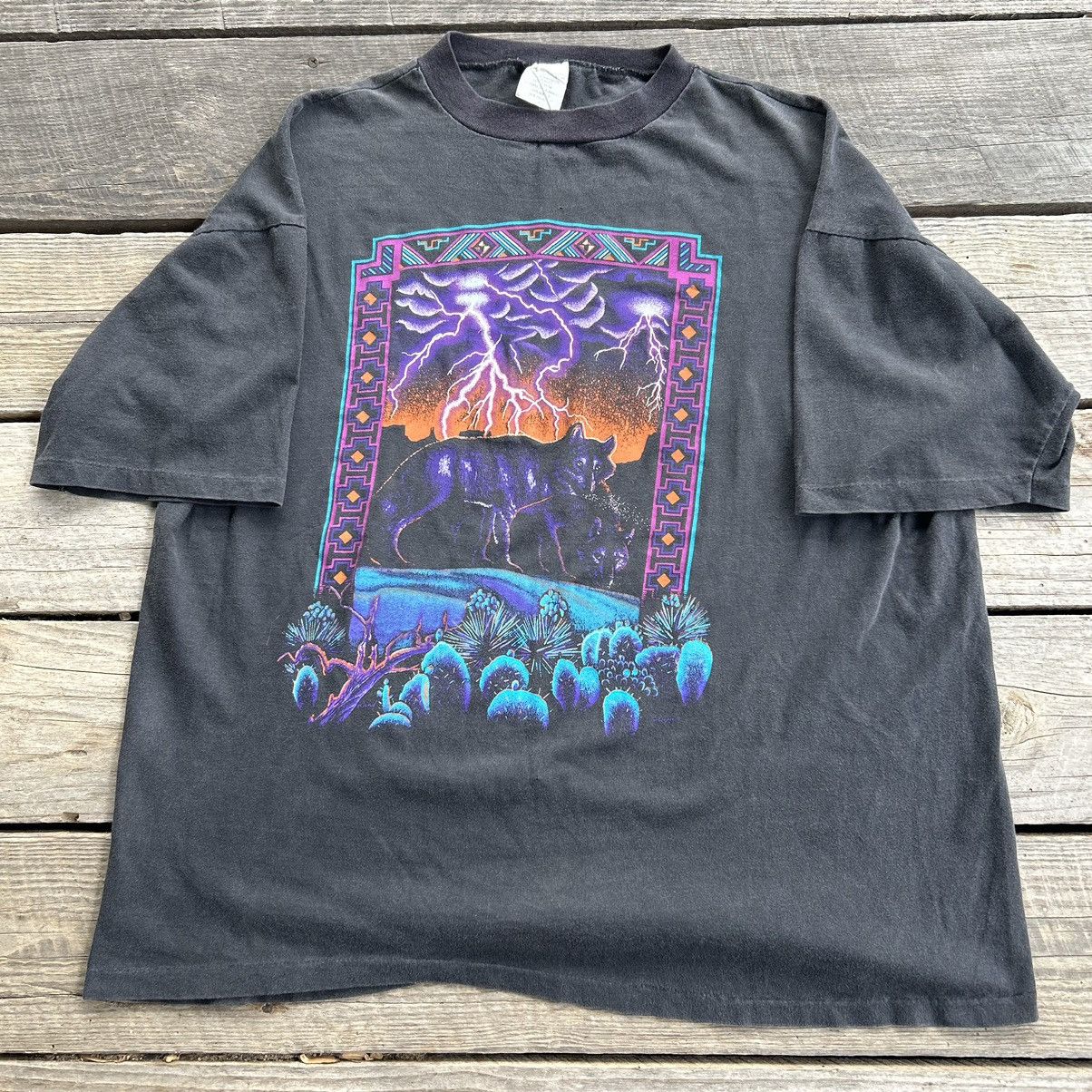 Vintage 90s Wolf Nature Lightning Boxy Fit Faded T Shirt Hoodie, Sweatshirt | PodTeesHub.com