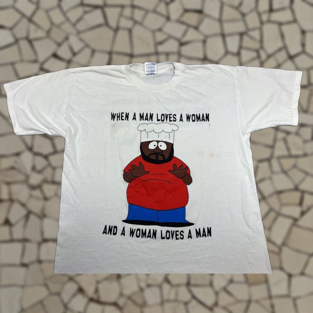 Gildan Vintage South Park Chef When A Man Loves A Woman White Double Sided T Shirt Xl Men 1990s Cott Hoodie, Sweatshirt