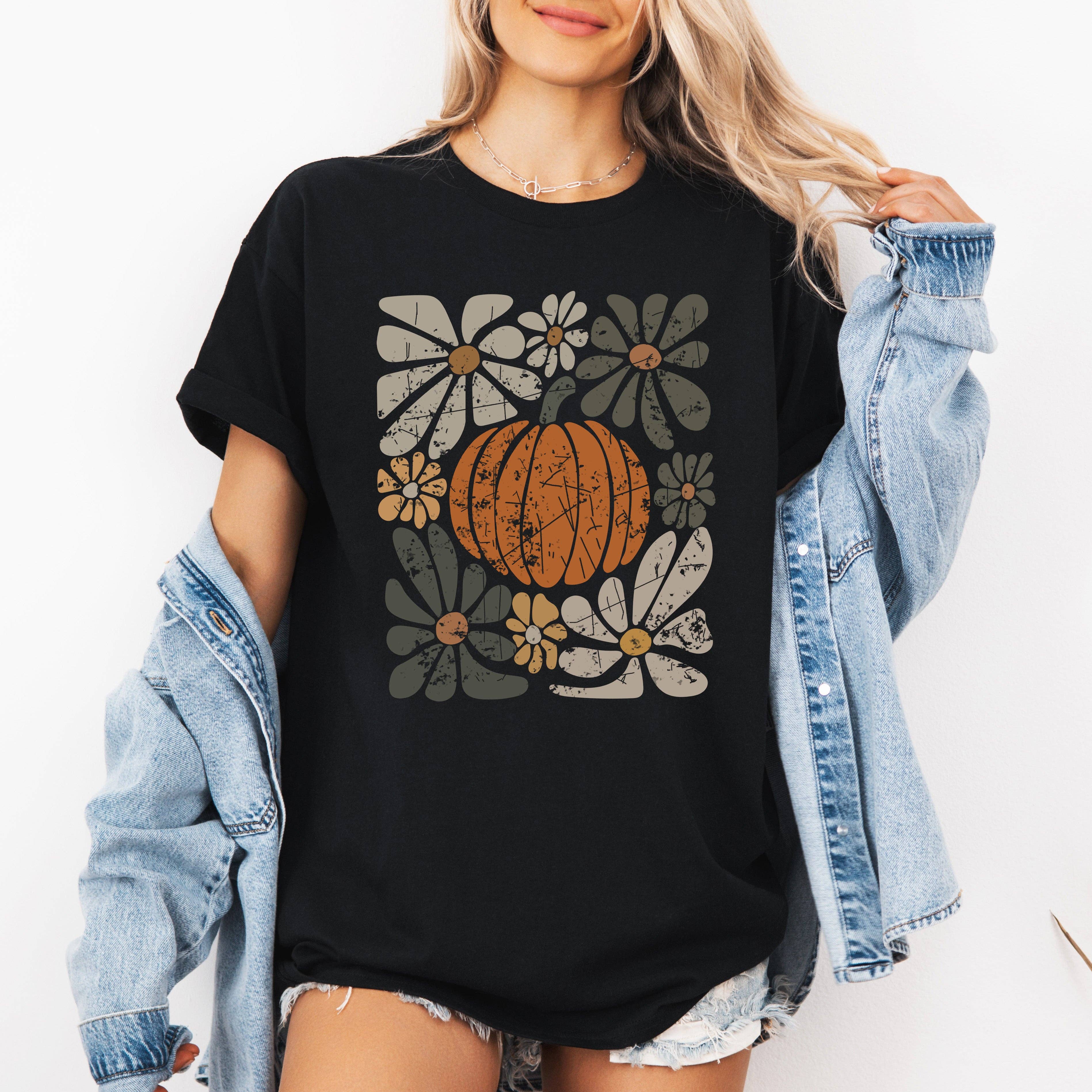 Retro Autumn, Pumpkin and Flowers, Fall, Halloween, Tshirt Hoodie, Sweatshirt | PodTeesHub.com