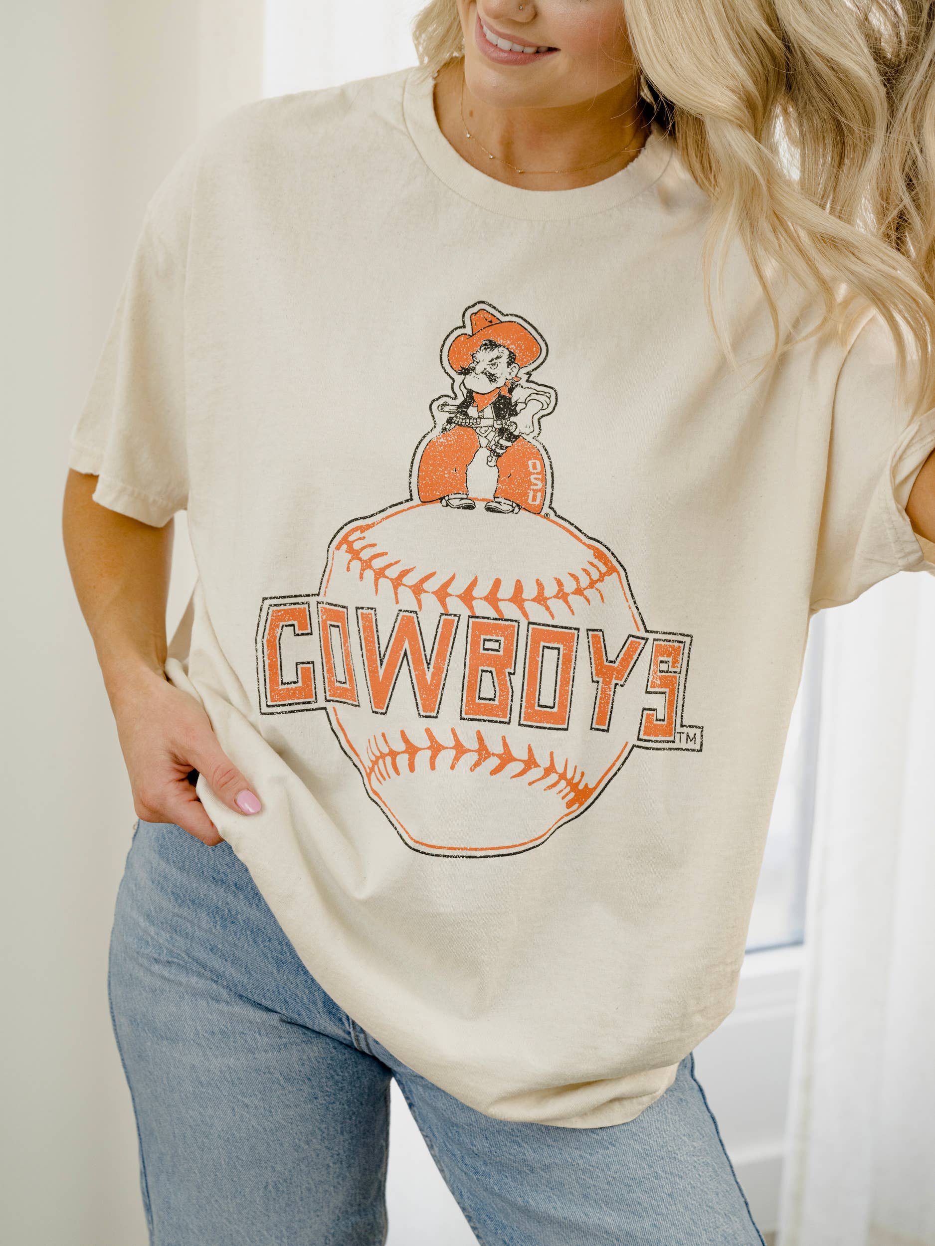 Osu Cowboys Mascot Baseball Off White Thrifted Graphic Tee Hoodie, Sweatshirt | PodTeesHub.com