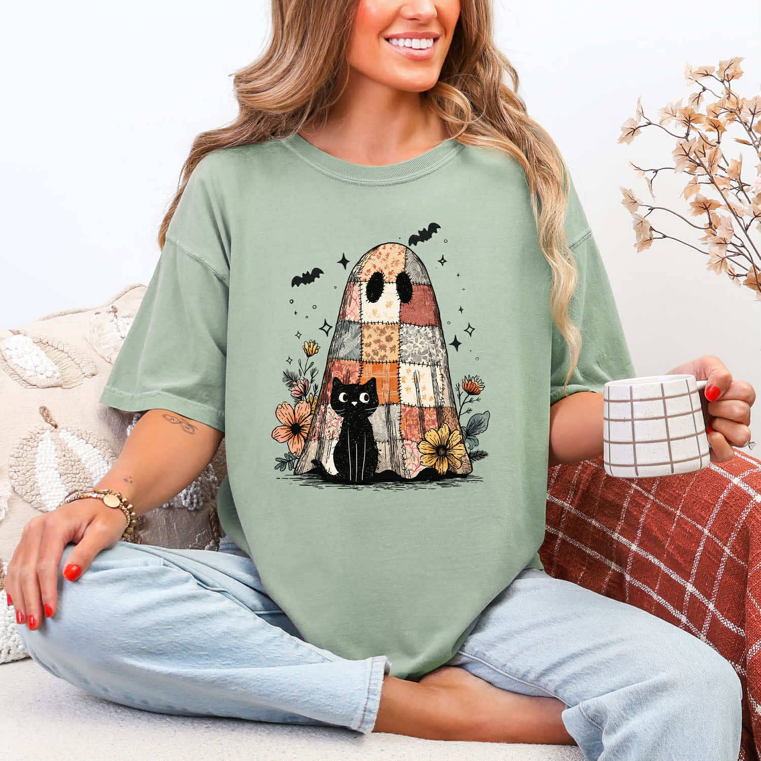 Patchwork Ghost Black Cat Tee Hoodie, Sweatshirt | PodTeesHub.com