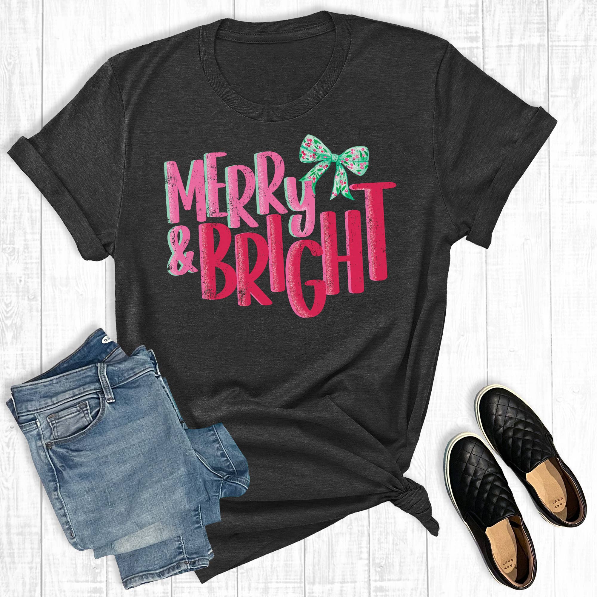 Retro Coquette Merry and Bright Christmas Graphic Tee Hoodie, Sweatshirt | PodTeesHub.com