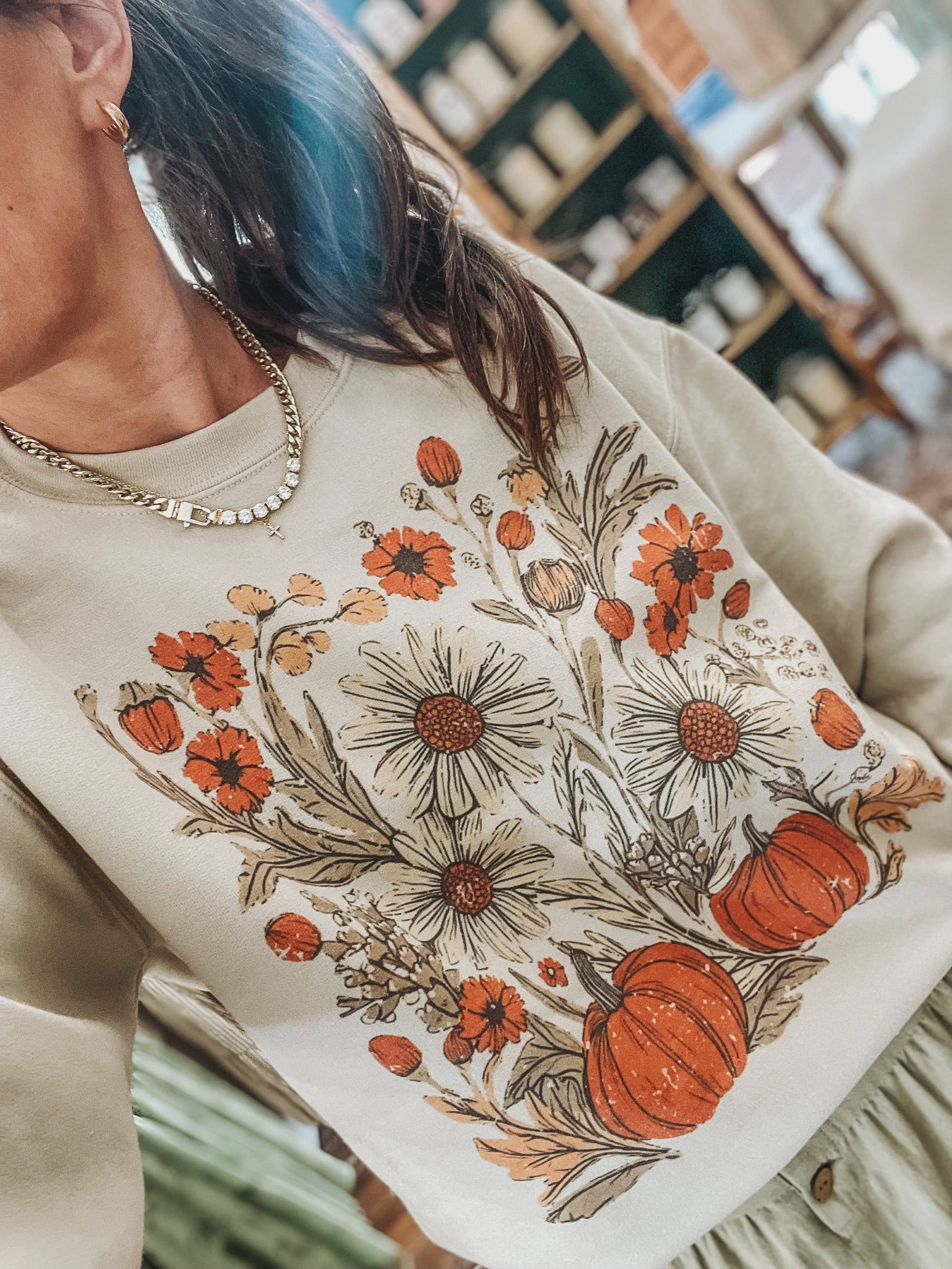 Floral Pumpkin Flower Crew Neck Sweatshirt | Trending Fall T-Shirts, Hoodie | PodTeesHub.com