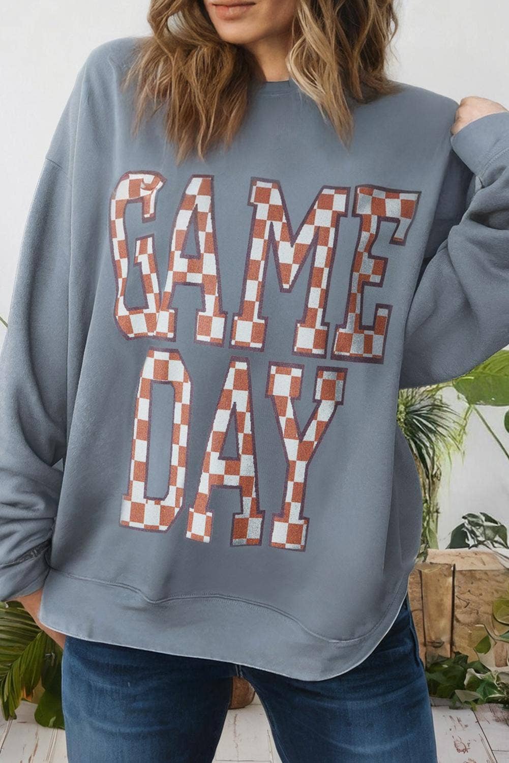 Game Day Checkered Letter Graphic Oversize Sweatshirt (S-Xl) T-Shirts, Hoodie | PodTeesHub.com