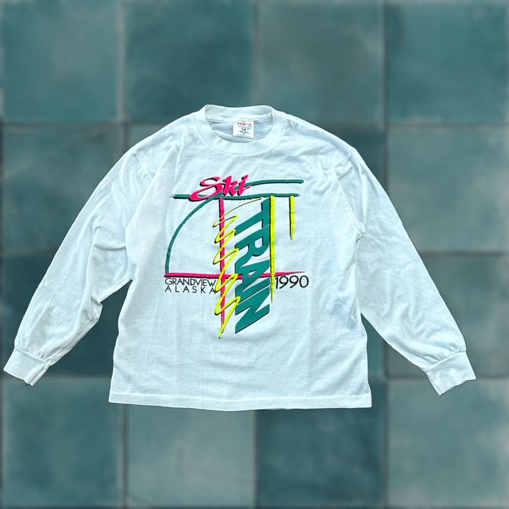 Tee Jays Vintage Ski Train 1990 T Shirt Vtg 90s Long Sleeve Alaska Grandview Teejays White Mens M Cr Hoodie, Sweatshirt