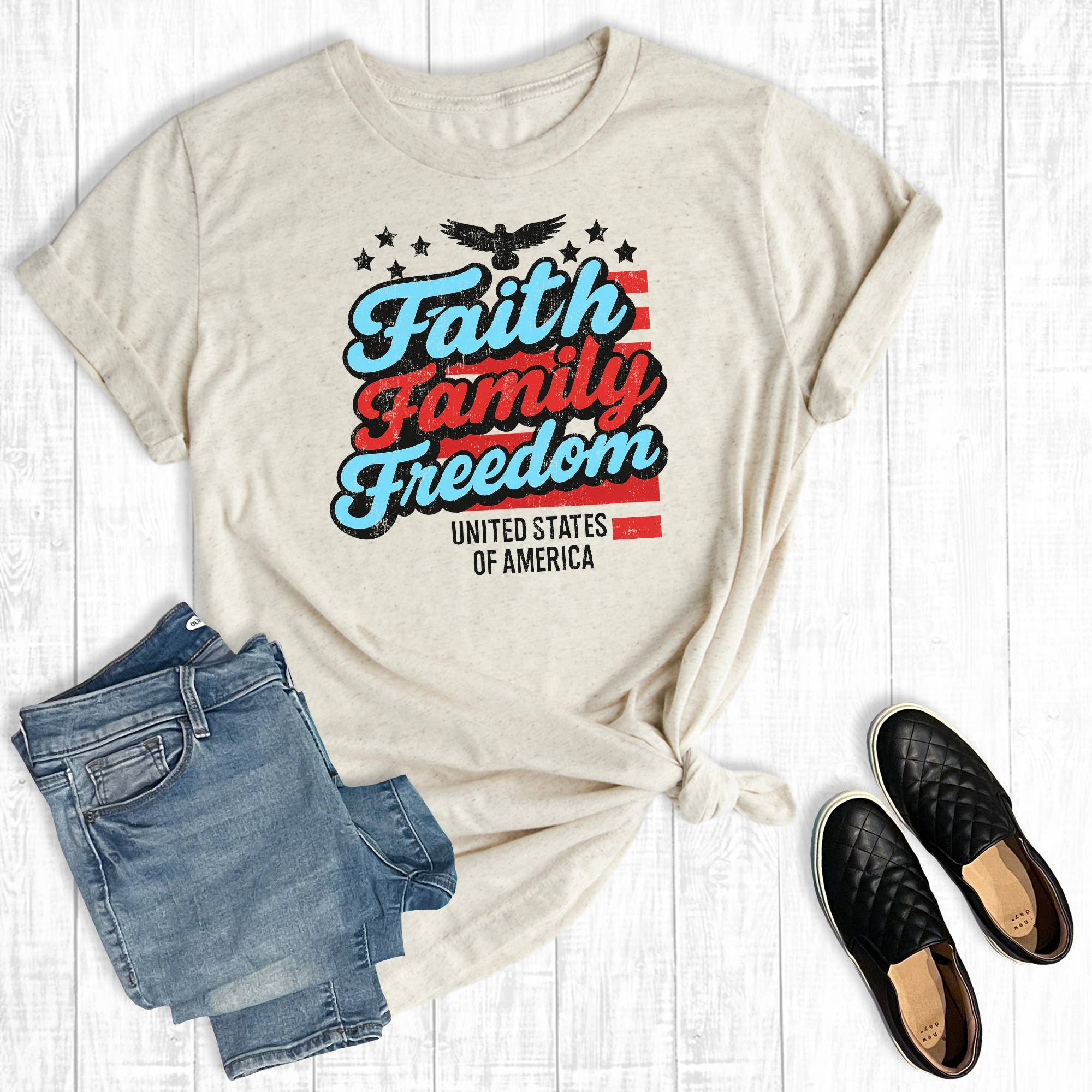 4th of July Faith Family Freedom Graphic Tee Hoodie, Sweatshirt | PodTeesHub.com