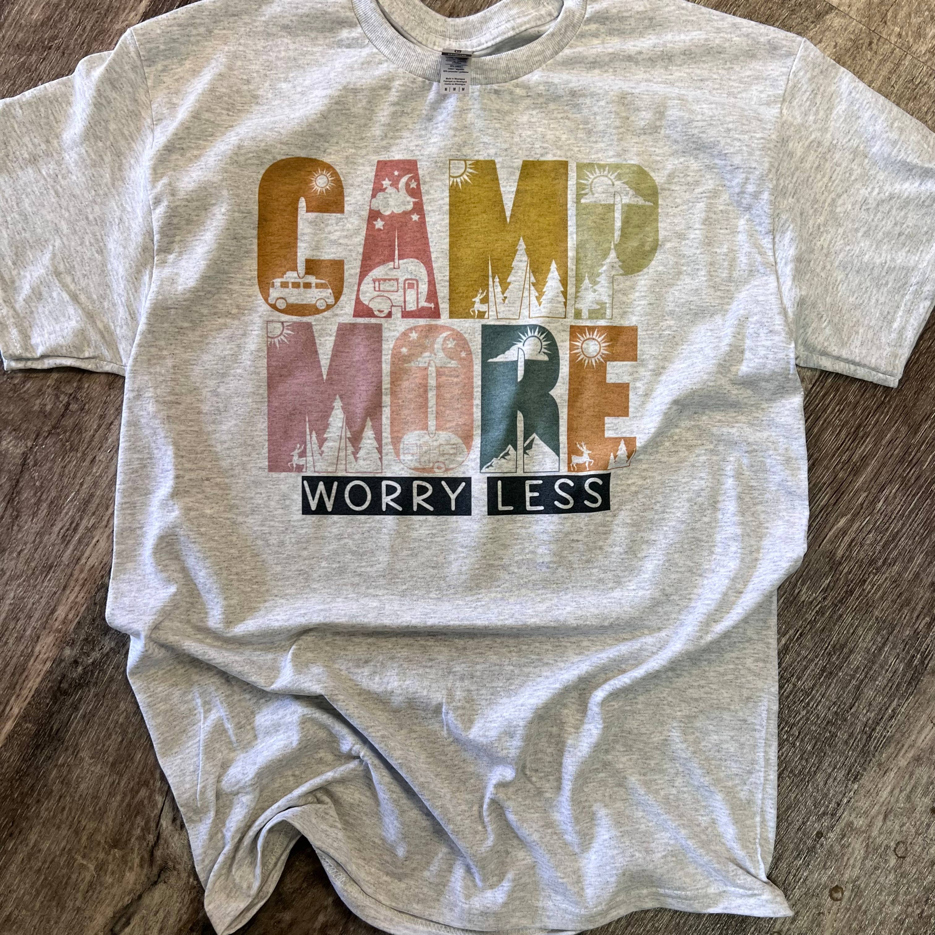 Camp More Worry Less On Ash Gray Tee Hoodie, Sweatshirt | PodTeesHub.com