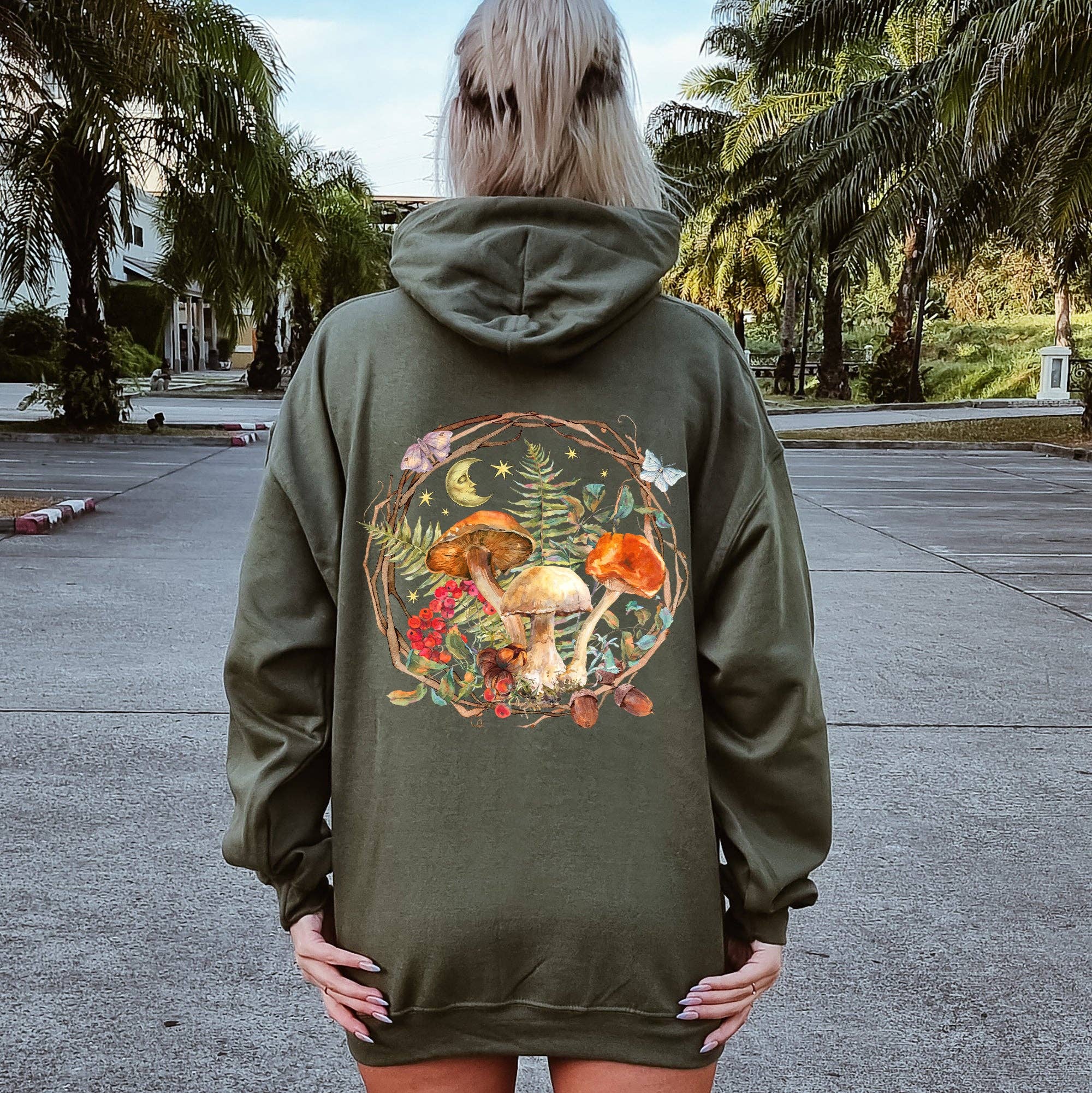 Moon, Moth and Mushrooms, Nature, Forest, Cottage Hoodie T-Shirts, Sweatshirt | PodTeesHub.com
