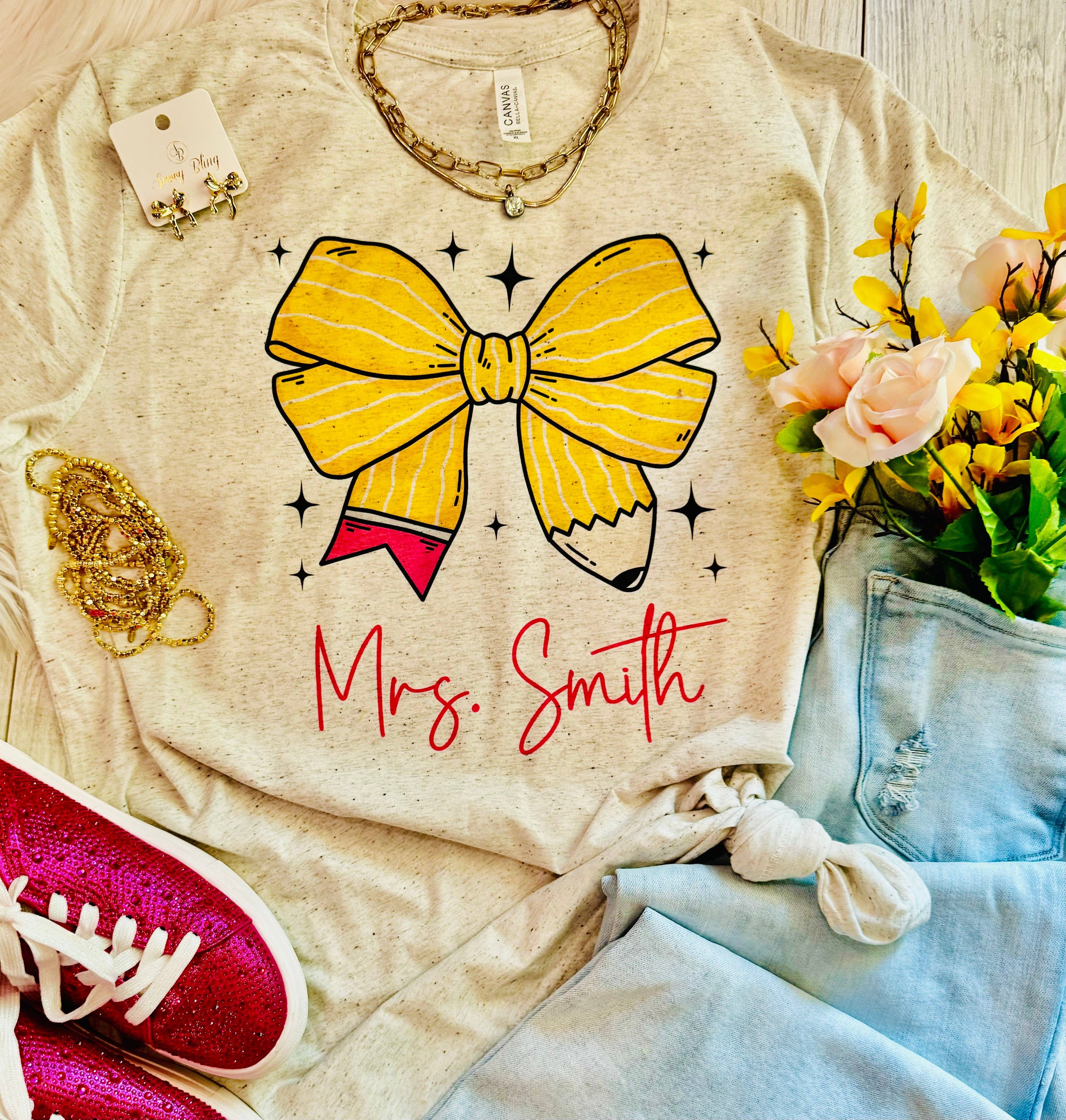 Custom Teacher Pencil Bow Tee Hoodie, Sweatshirt | PodTeesHub.com