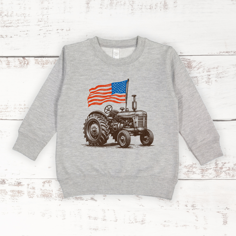 American Flag Tractor | Toddler Crewneck Sweatshirt T-Shirts, Hoodie | PodTeesHub.com