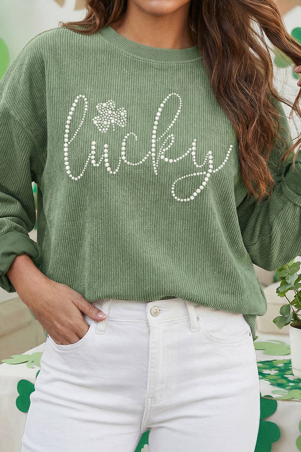 Lucky Clover Graphic Ribbed St Patrick Sweatshirt (S-3XL) T-Shirts, Hoodie | PodTeesHub.com